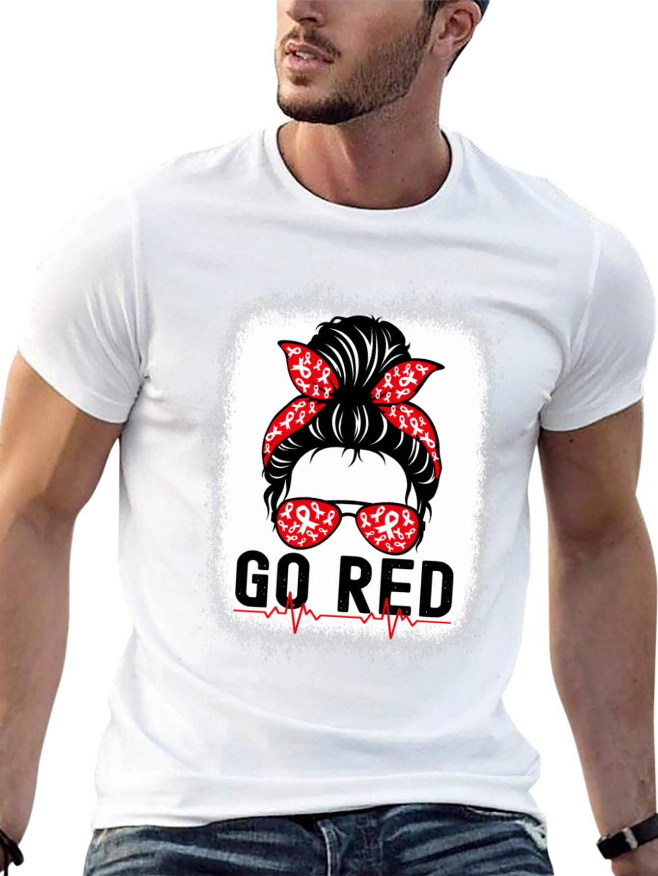 Go Red T-Shirt Heart Disease Awareness Messy Bun