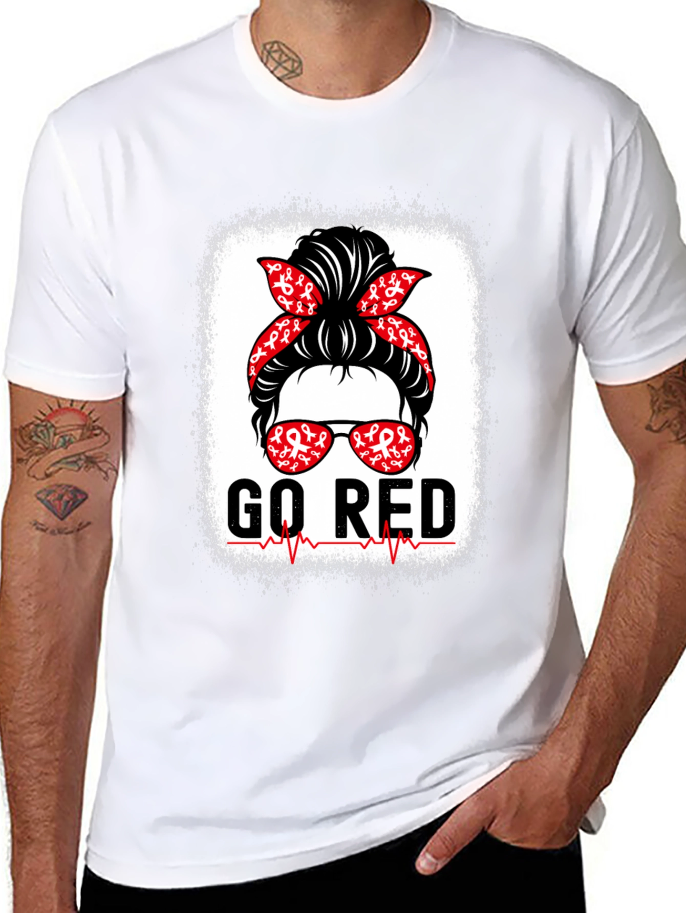Go Red T-Shirt Heart Disease Awareness Messy Bun