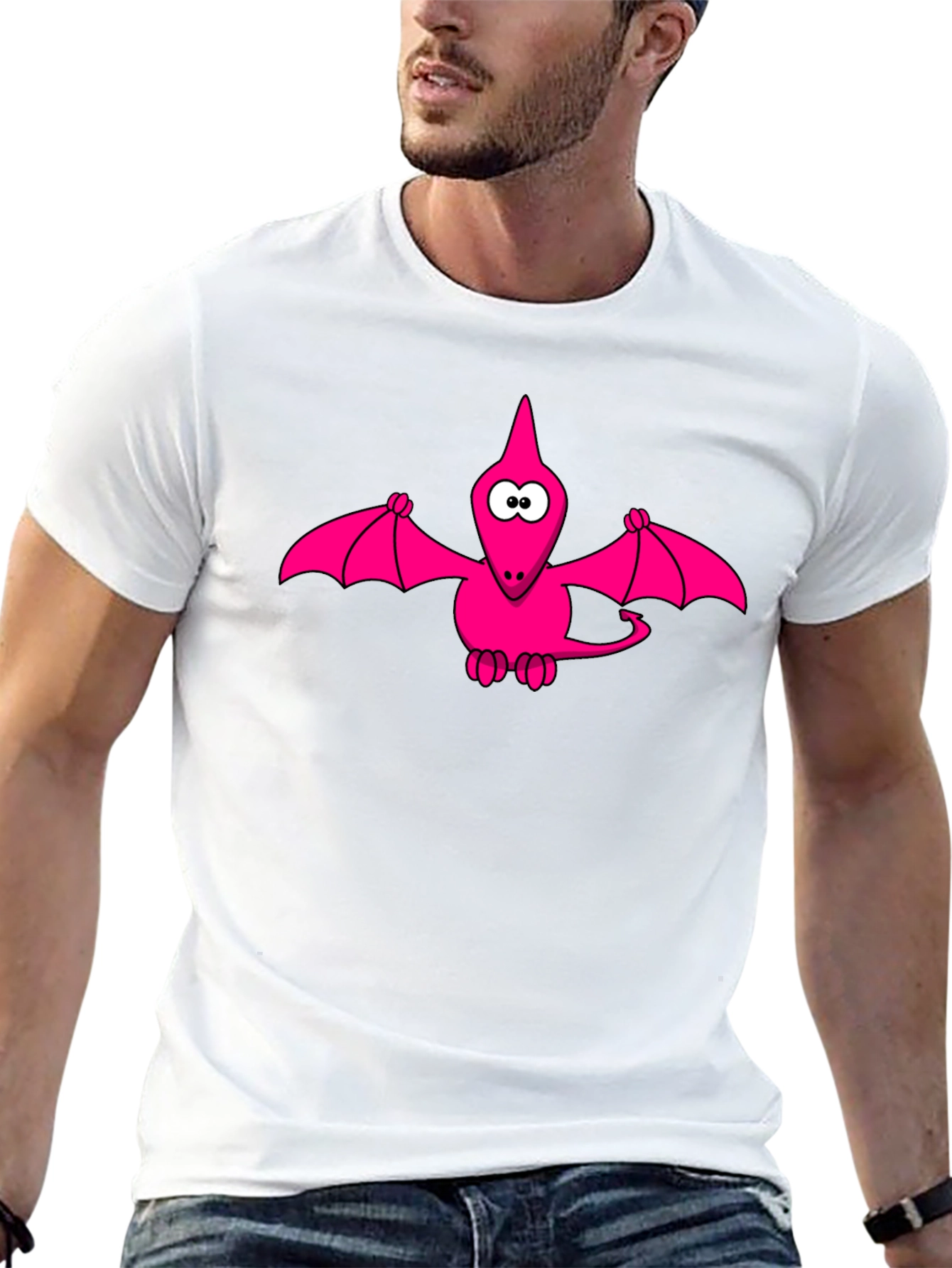 Pink Cartoon Pterodactyl Black T-Shirt