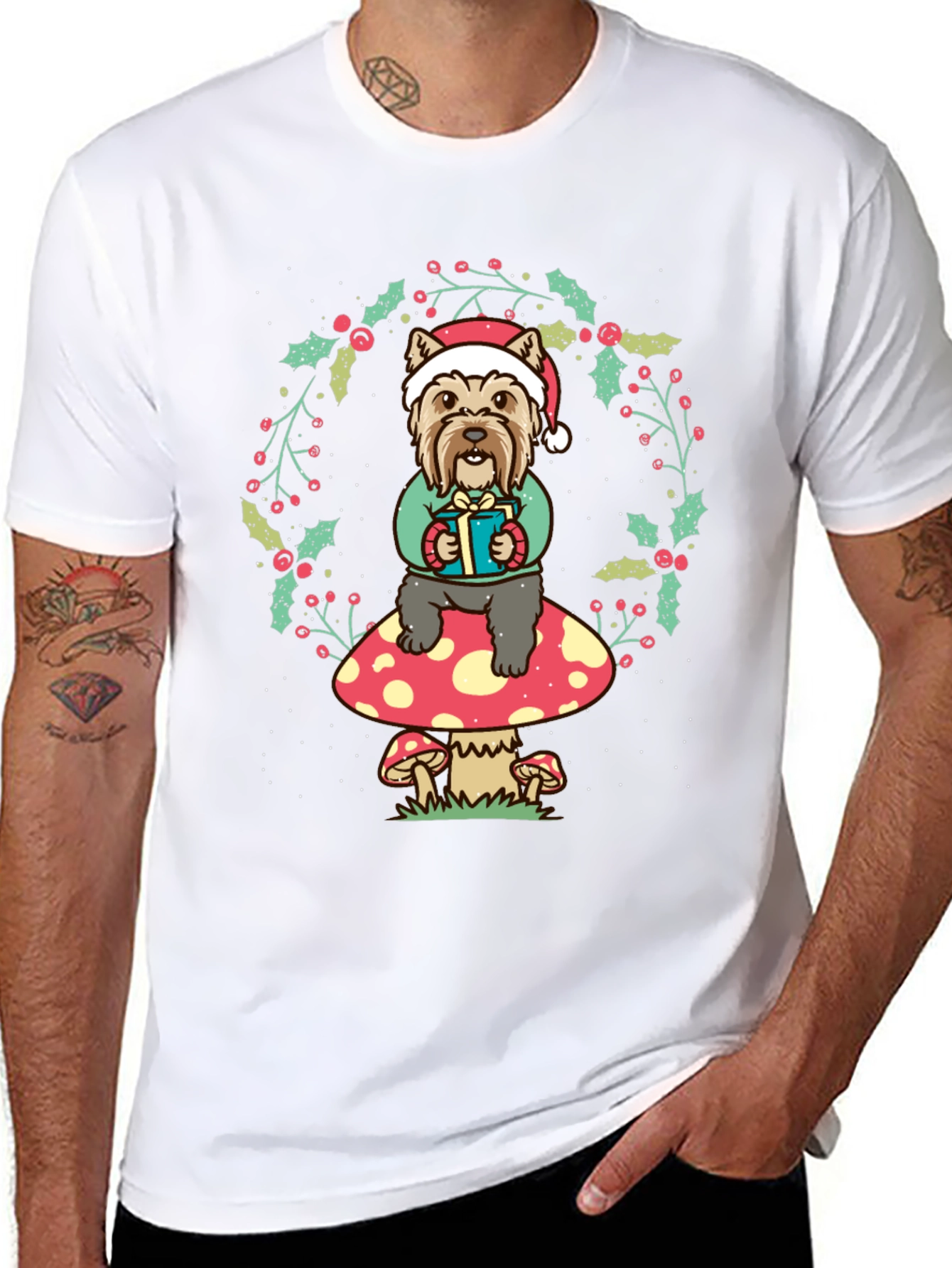 Festive Dog Mushroom Christmas Graphic Tee