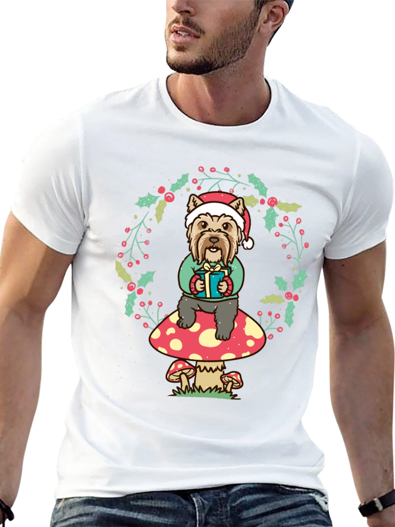 Festive Dog Mushroom Christmas Graphic Tee