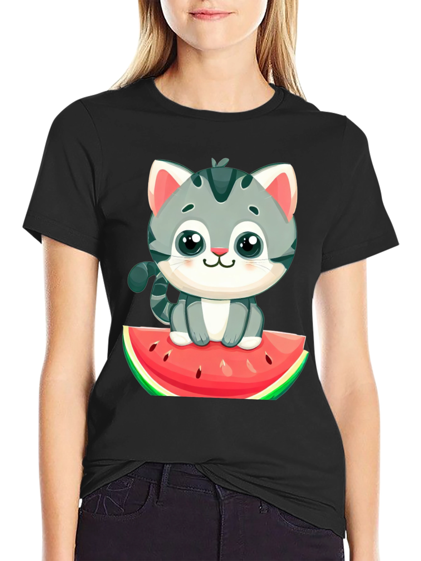 Cute Cat on Watermelon Graphic Tee - Black T-Shirt