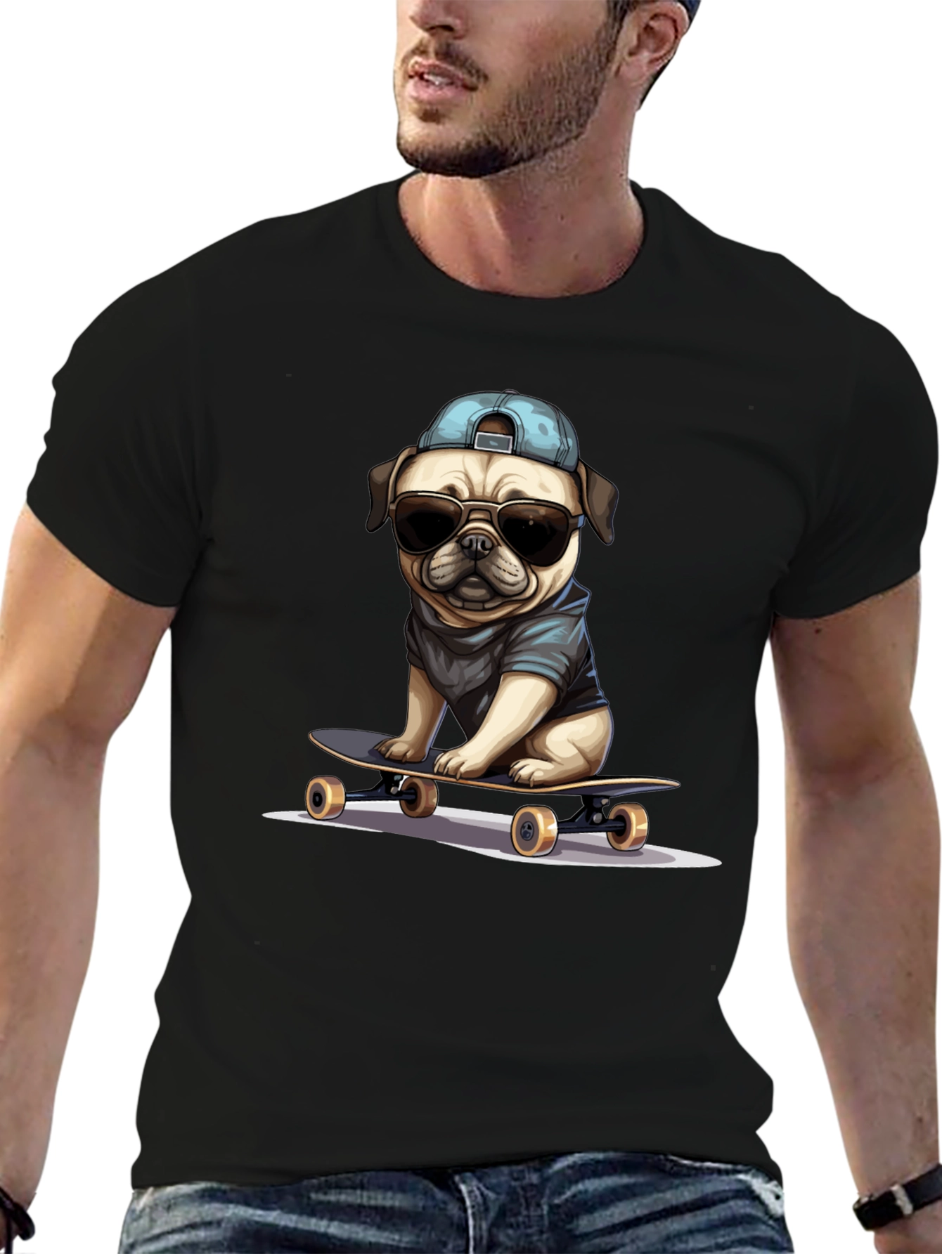 Cool Pug Skateboard T-Shirt - Black
