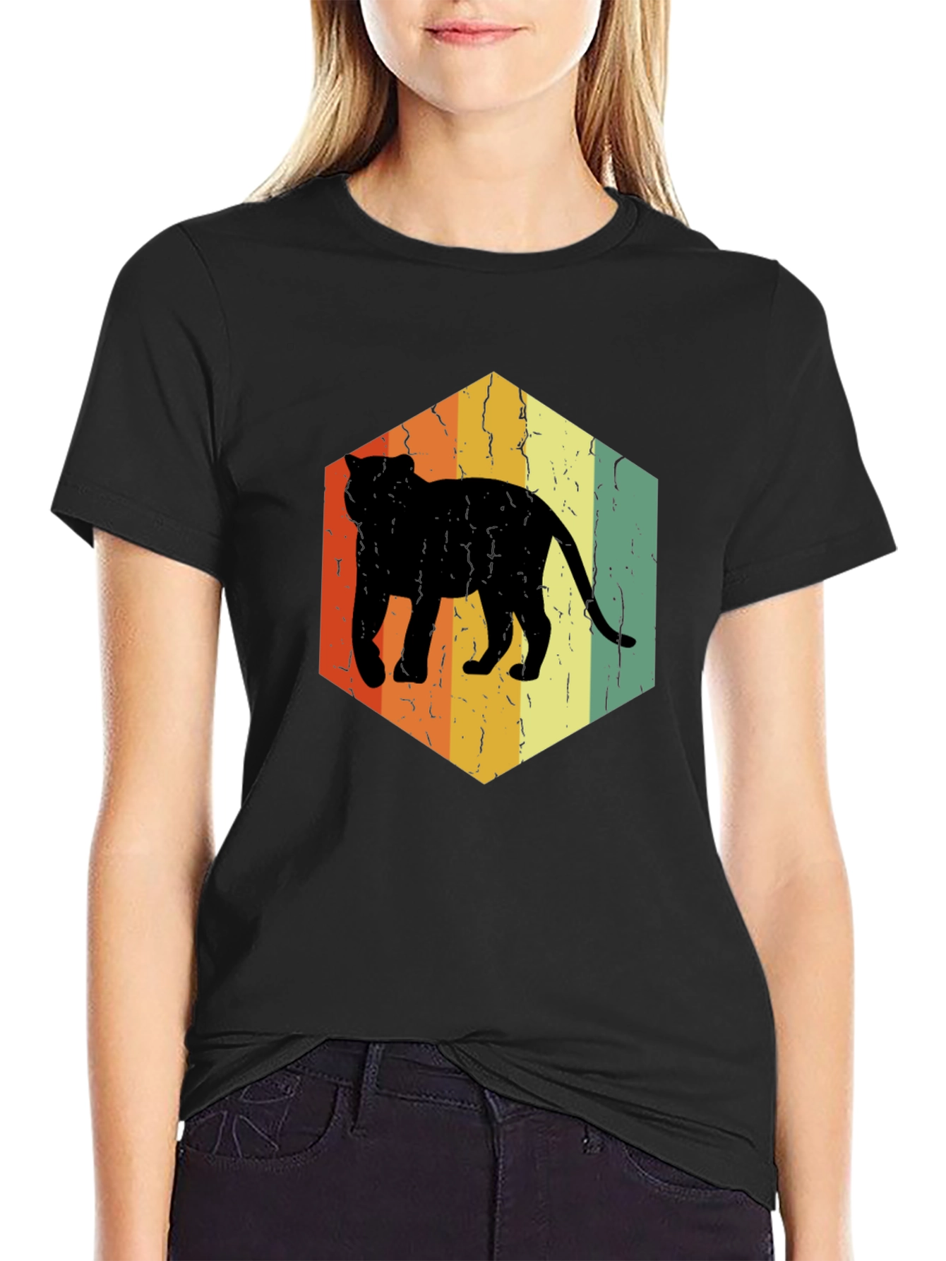 Retro Cat Hexagon Graphic T-Shirt - Black