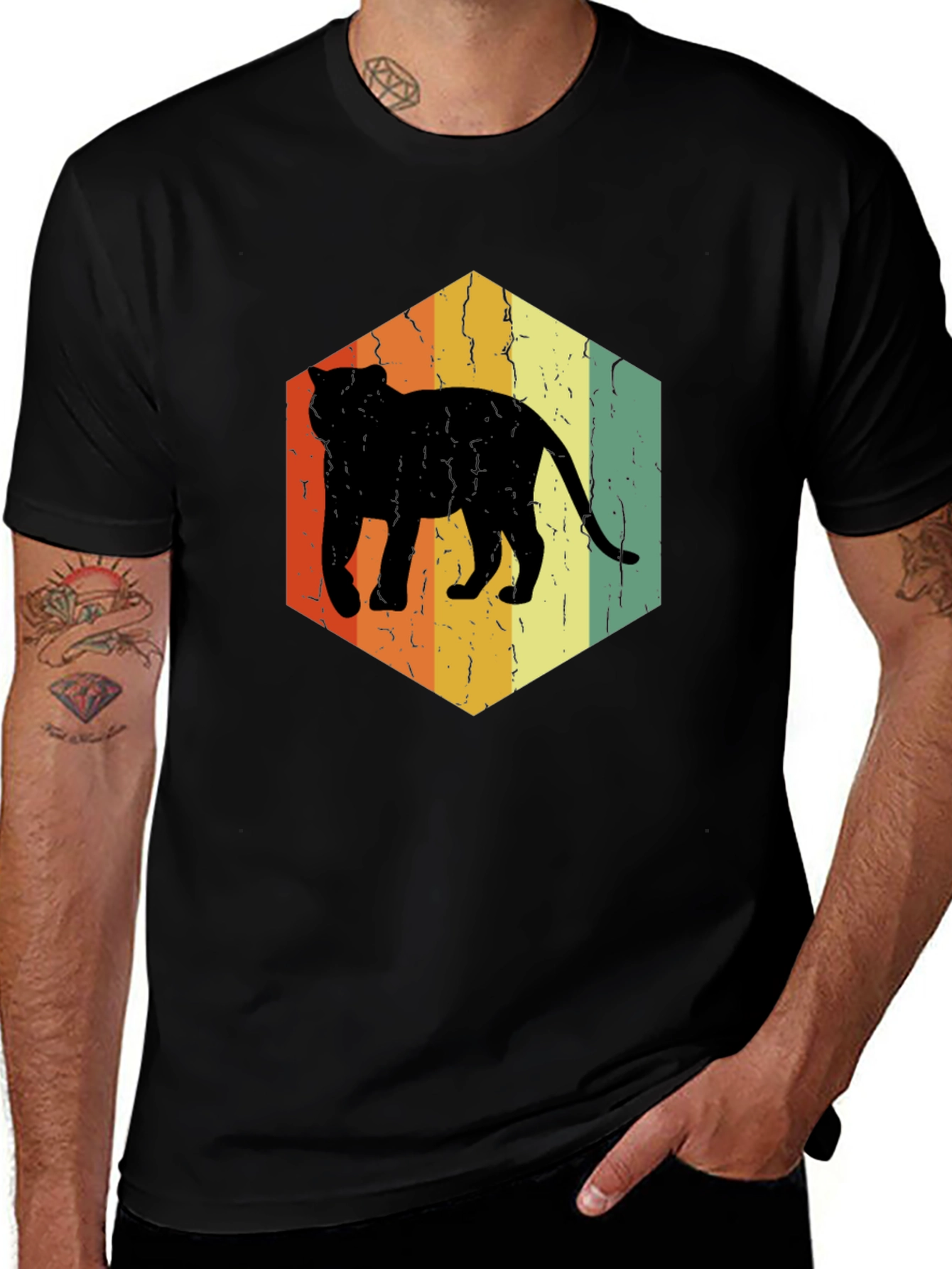 Retro Cat Hexagon Graphic T-Shirt - Black