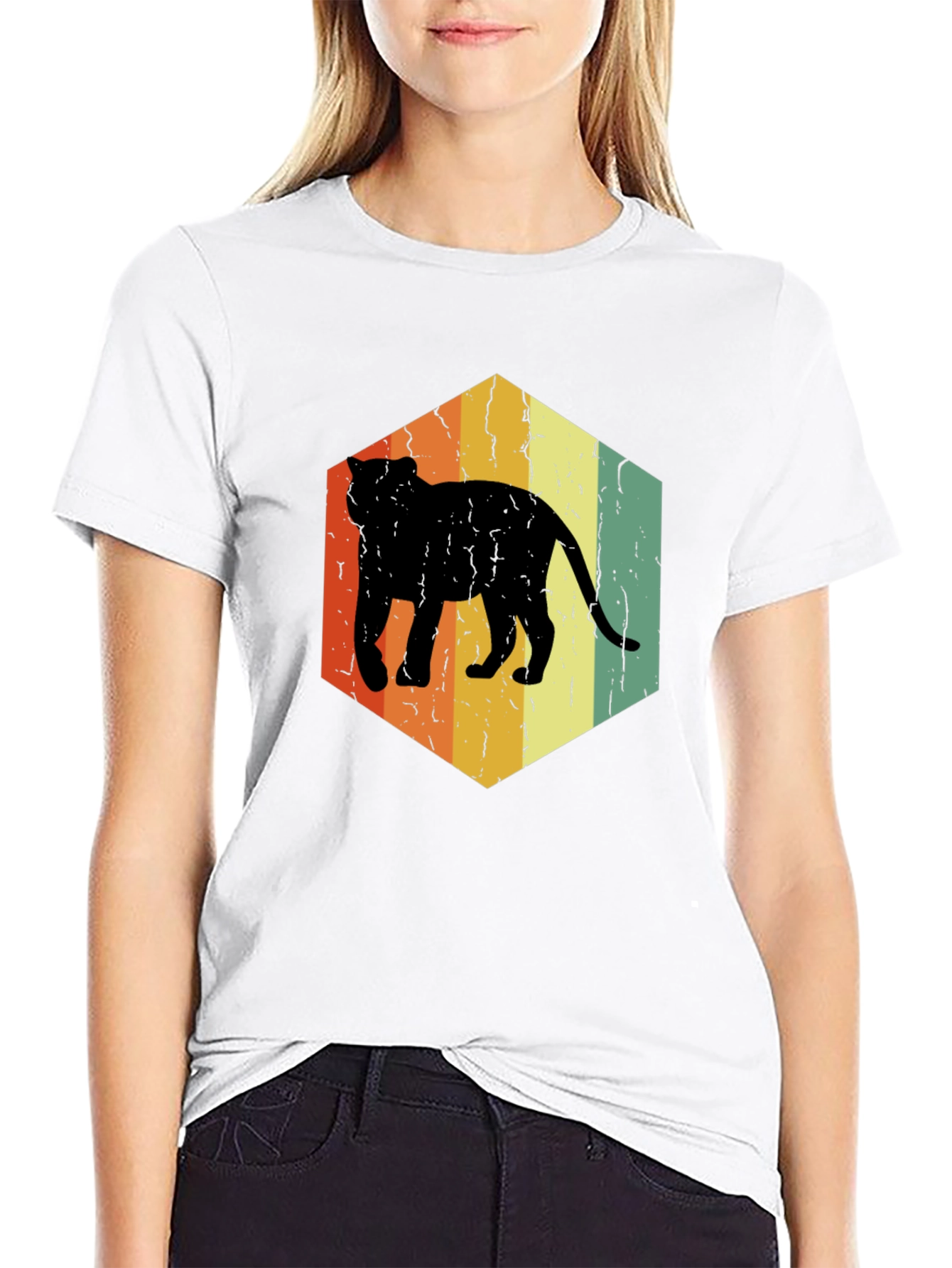 Retro Cat Hexagon Graphic T-Shirt - Black