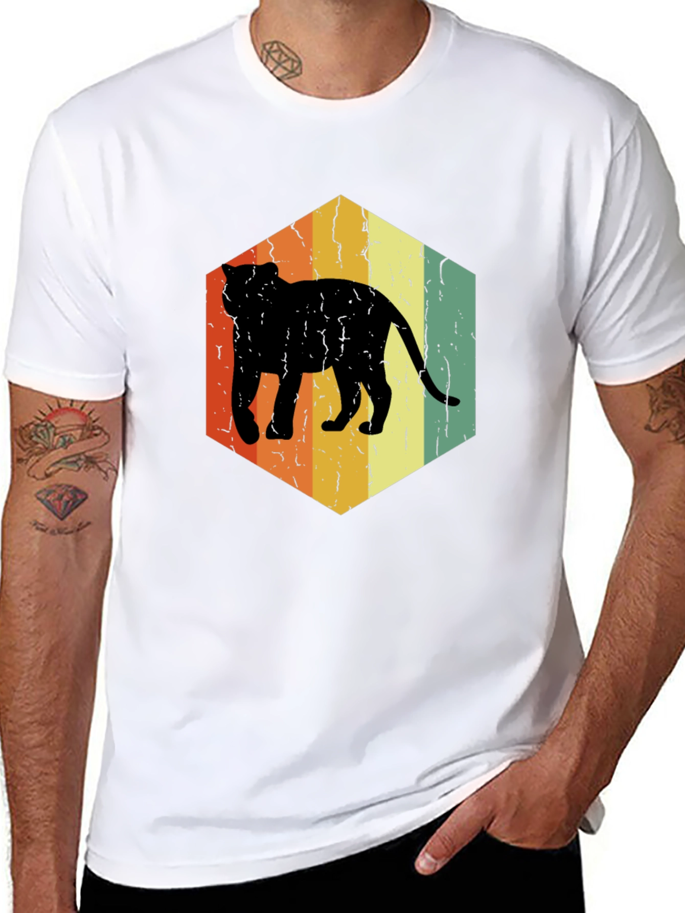 Retro Cat Hexagon Graphic T-Shirt - Black