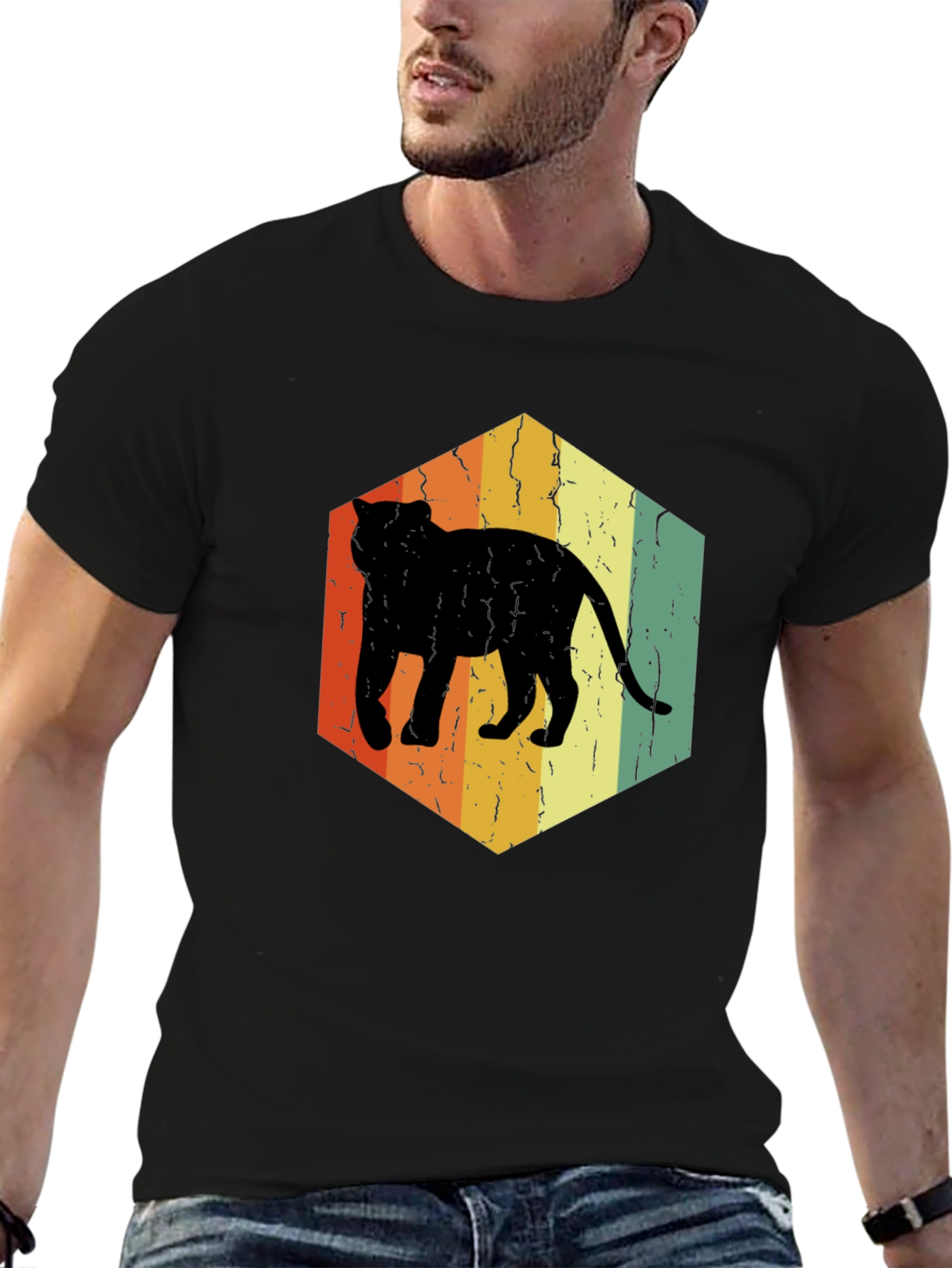 Retro Cat Hexagon Graphic T-Shirt - Black