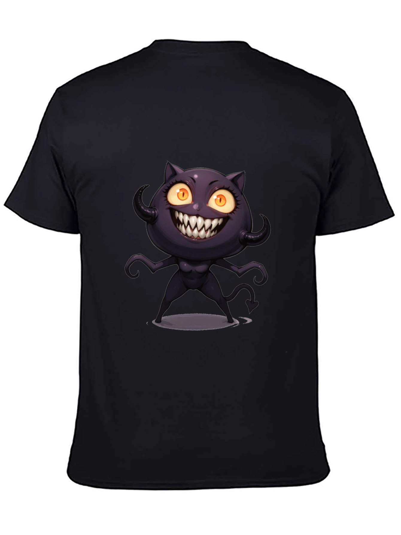 Black Tee with Cartoon Devil Cat Graphic