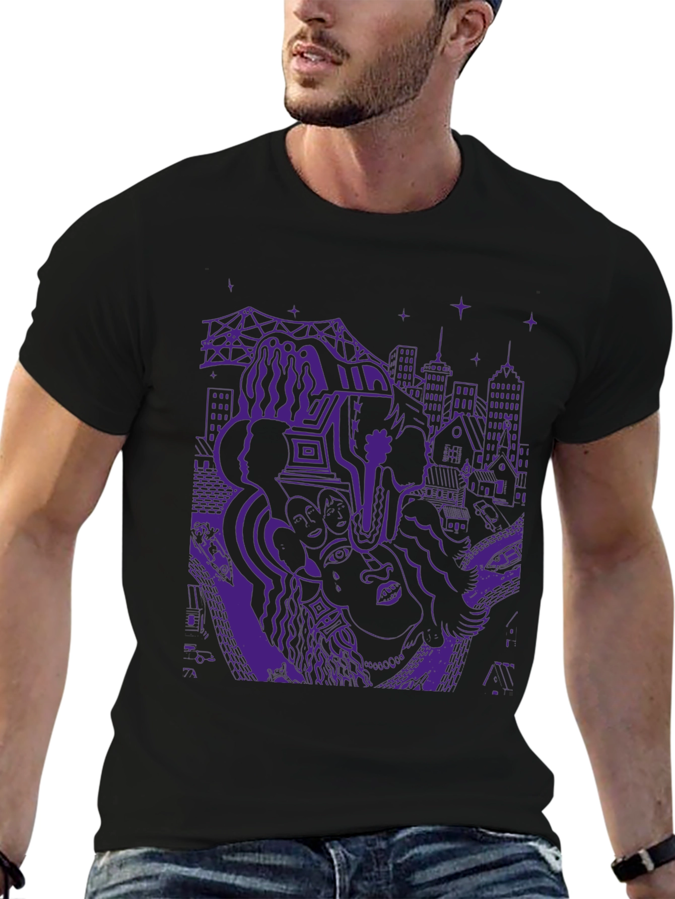 Unique Purple Graphic Print Black T-Shirt