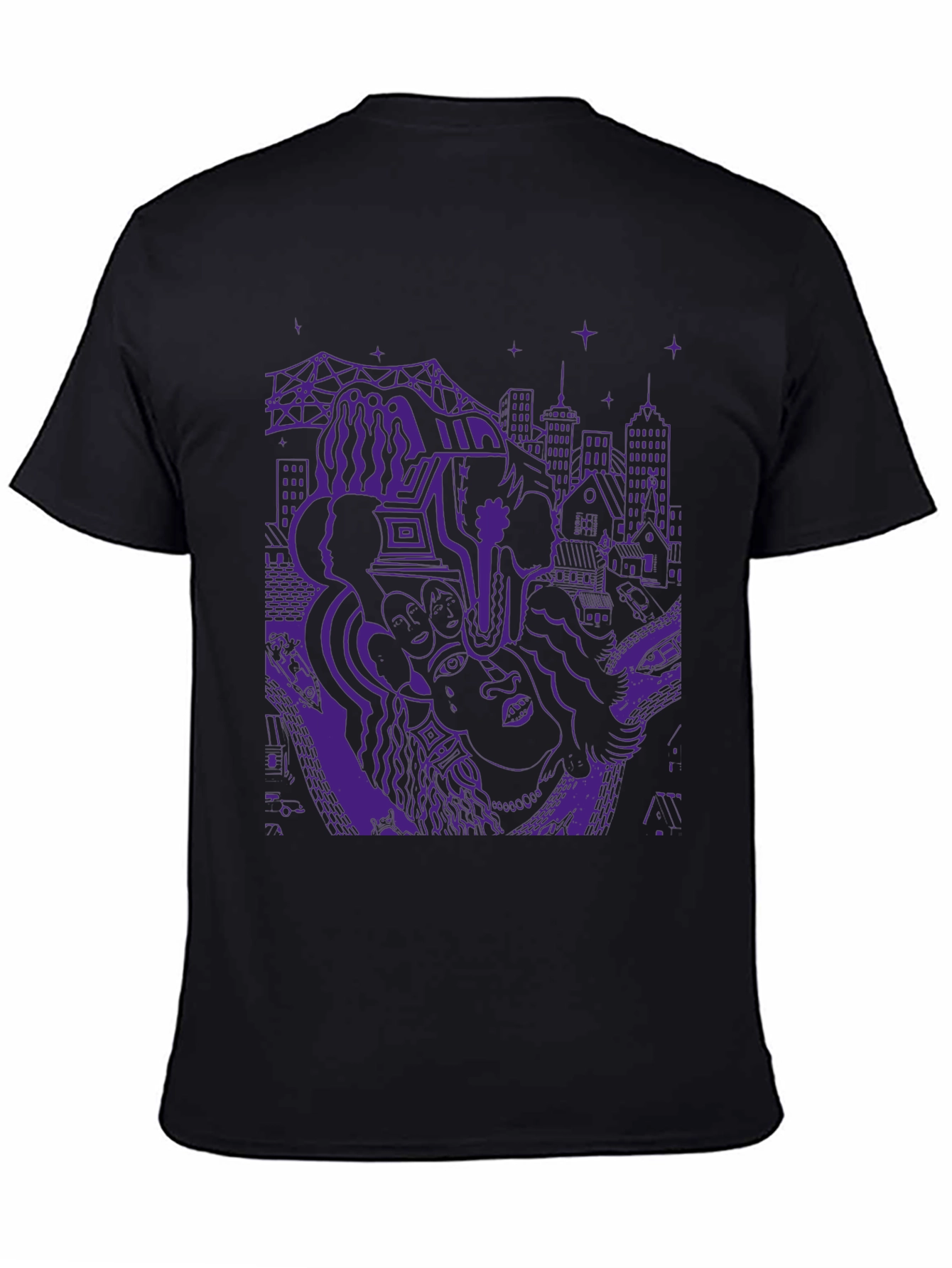 Unique Purple Graphic Print Black T-Shirt