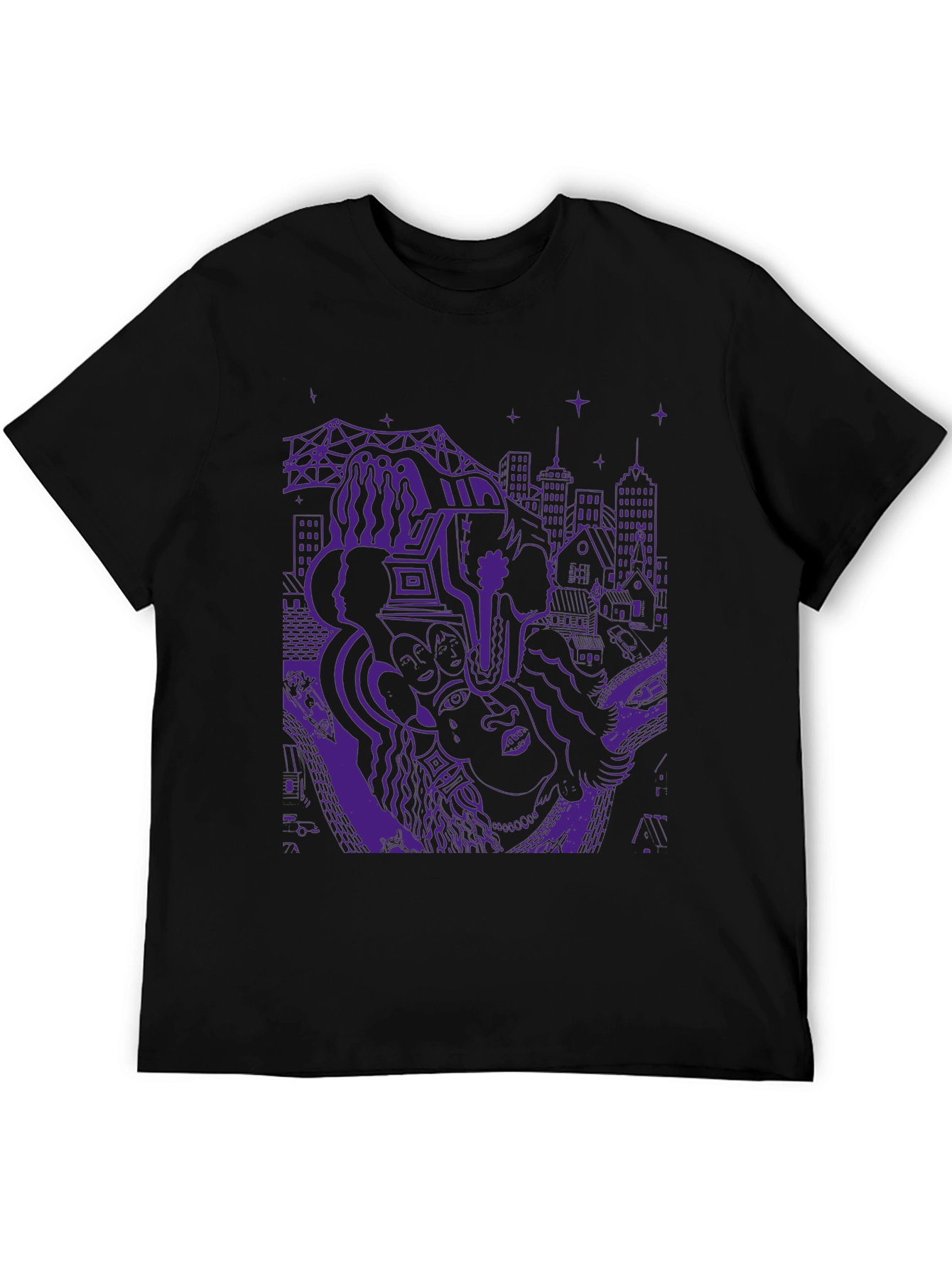 Unique Purple Graphic Print Black T-Shirt