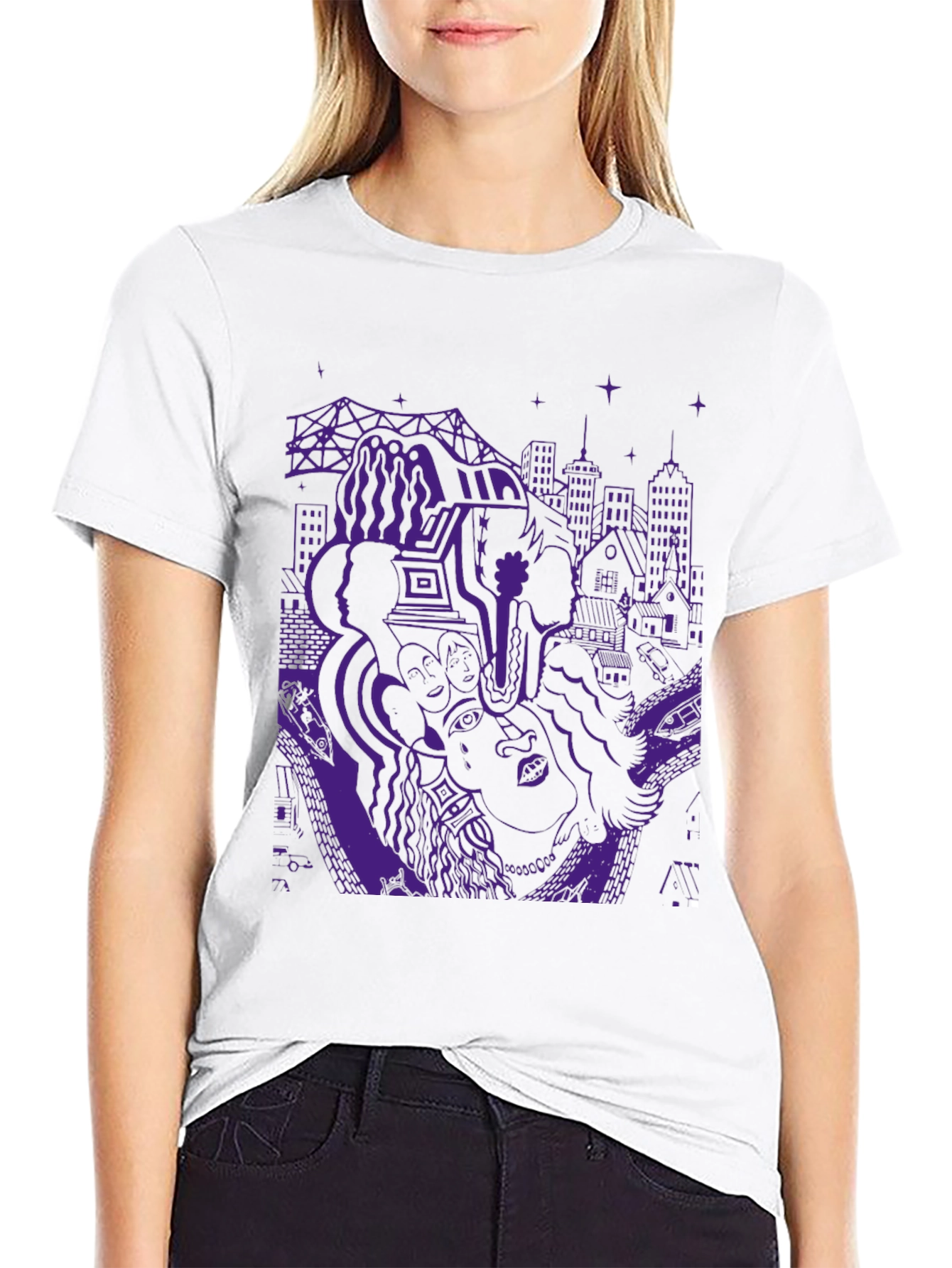 Unique Purple Graphic Print Black T-Shirt