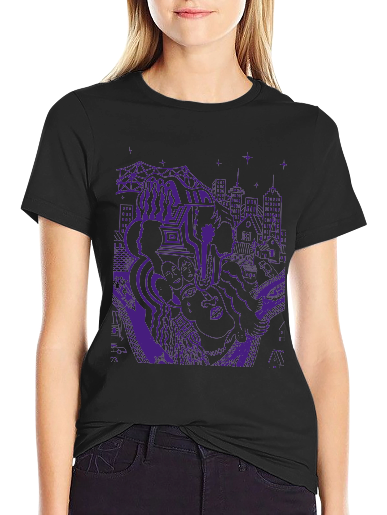 Unique Purple Graphic Print Black T-Shirt