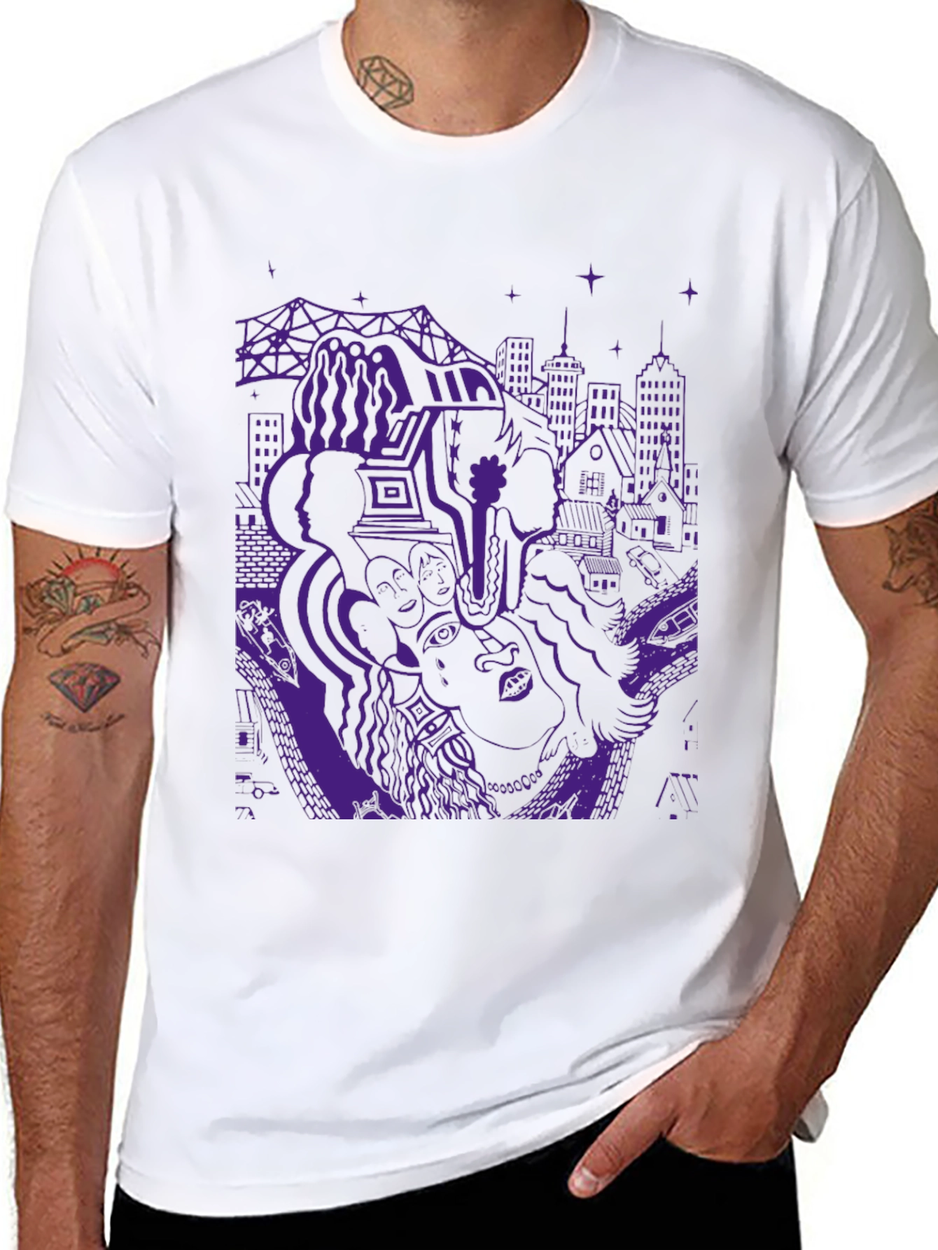 Unique Purple Graphic Print Black T-Shirt
