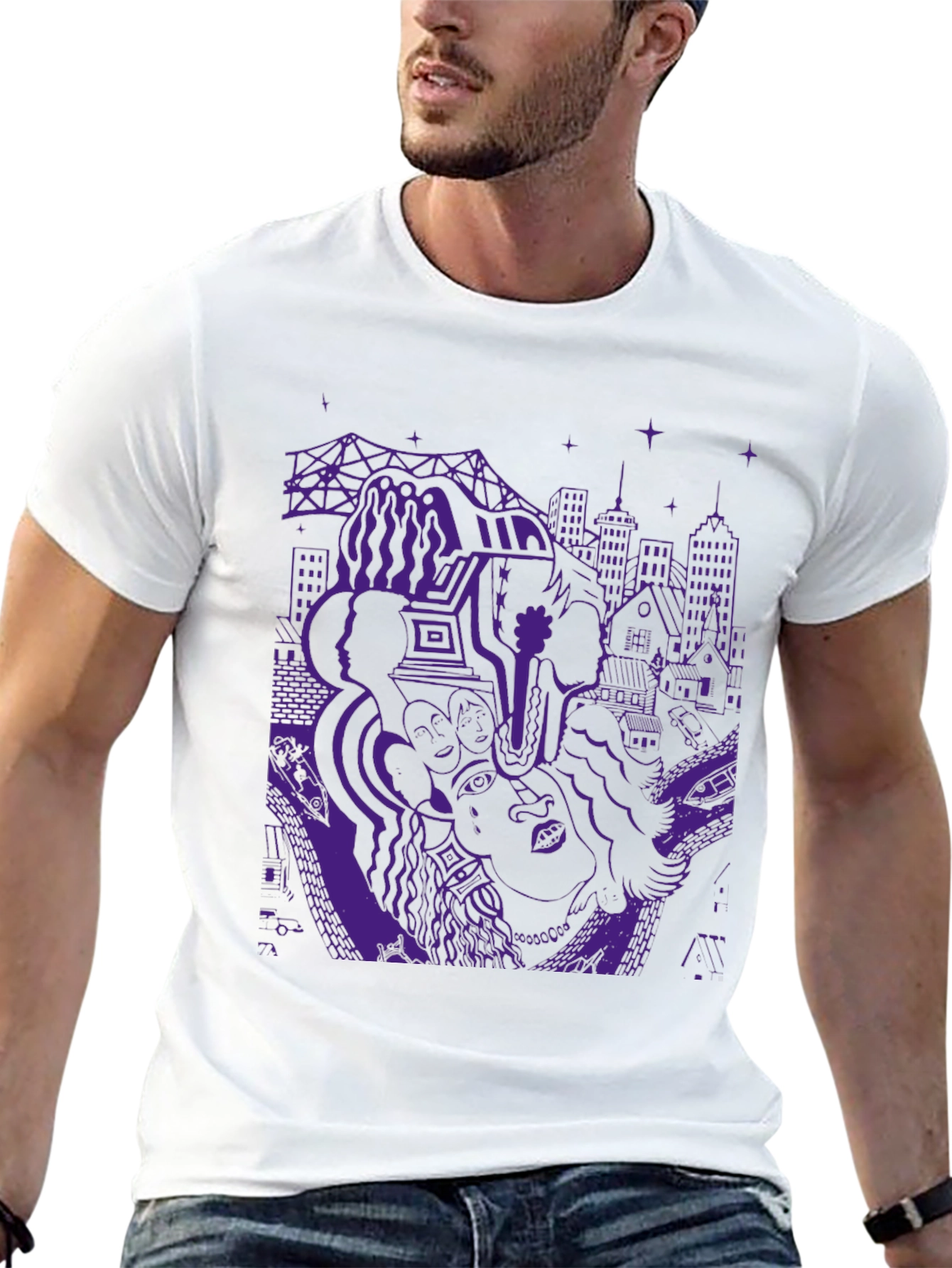Unique Purple Graphic Print Black T-Shirt