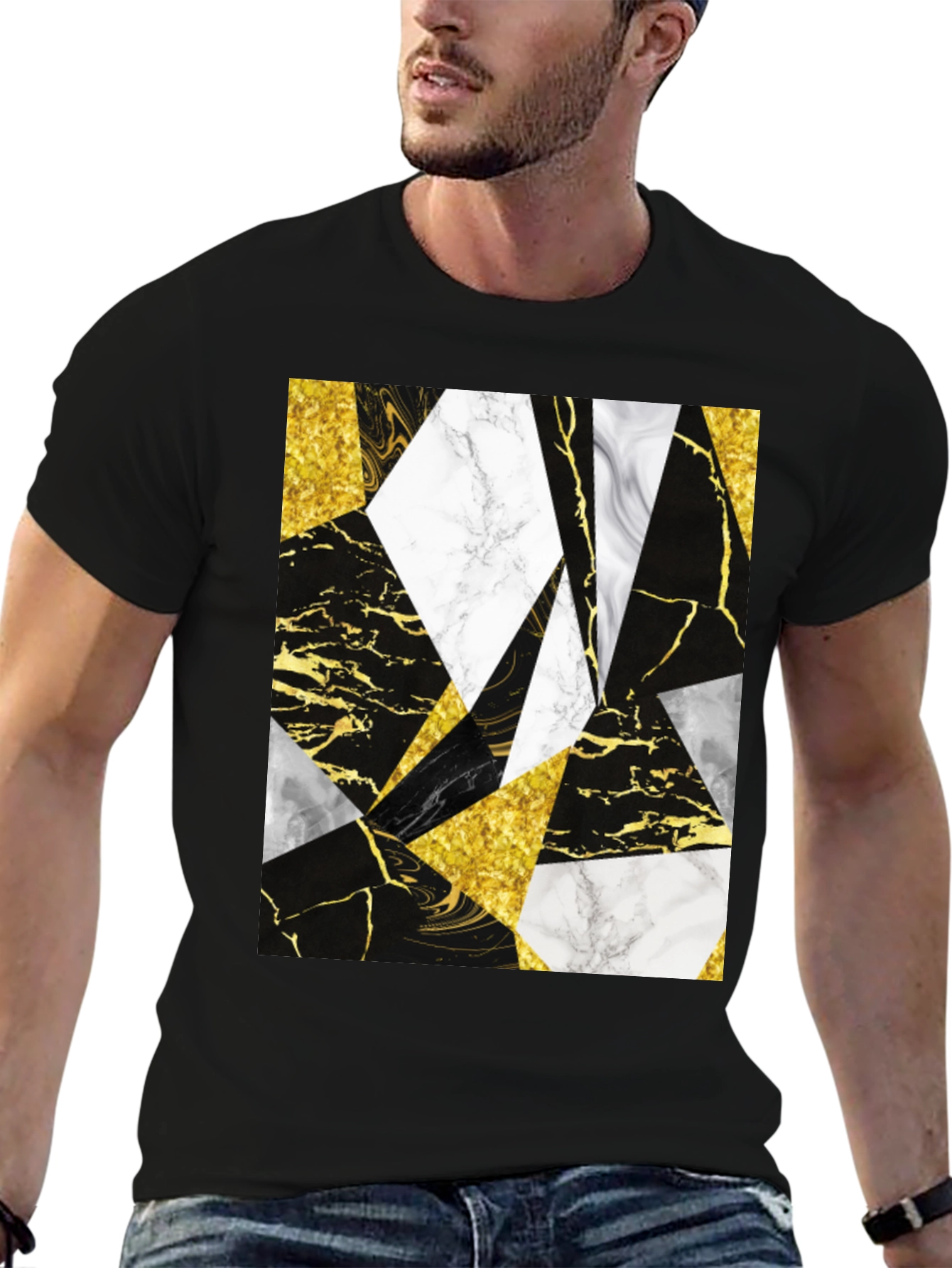 Geometric Marble & Gold Print Black T-Shirt