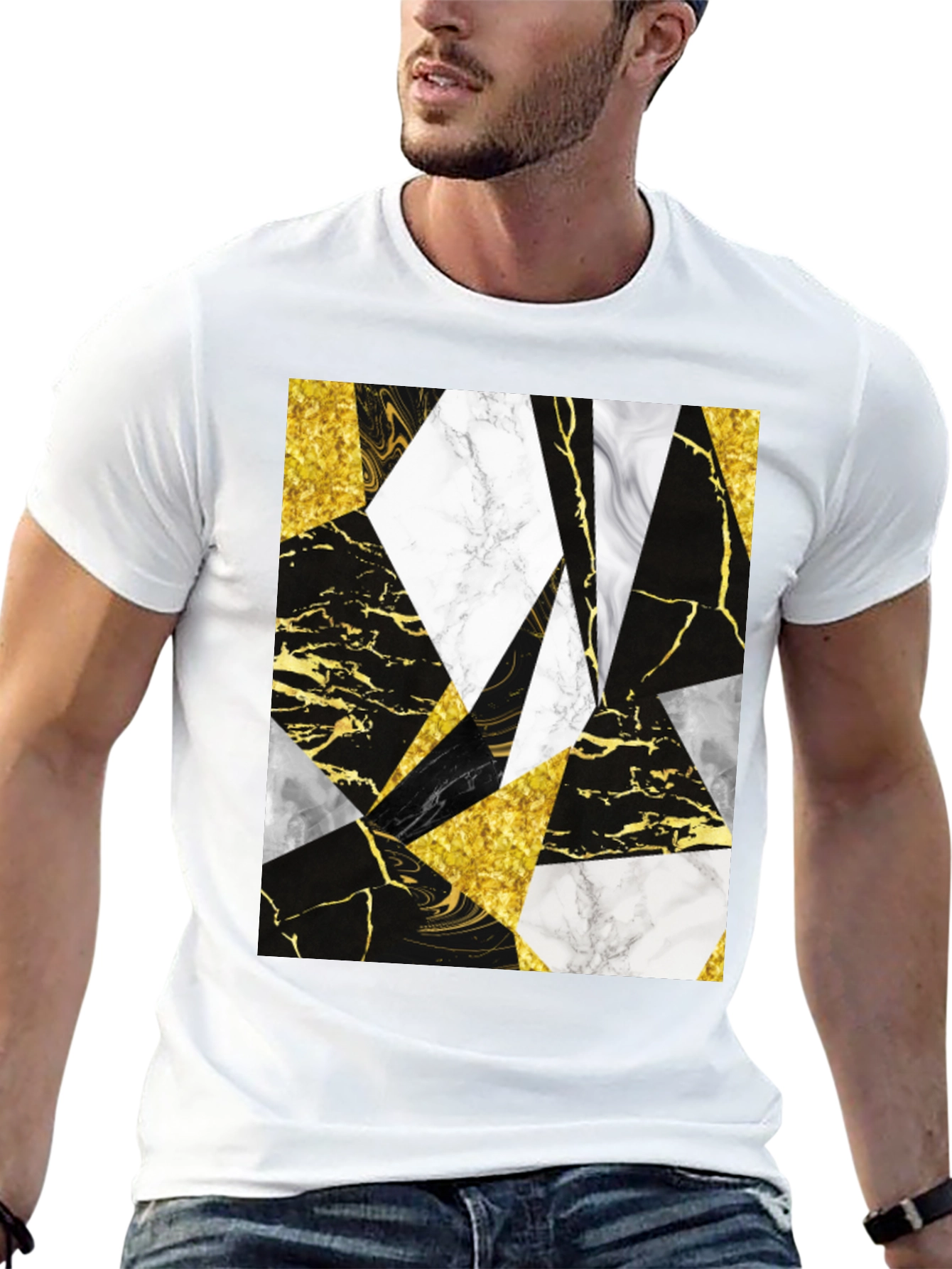 Geometric Marble & Gold Print Black T-Shirt