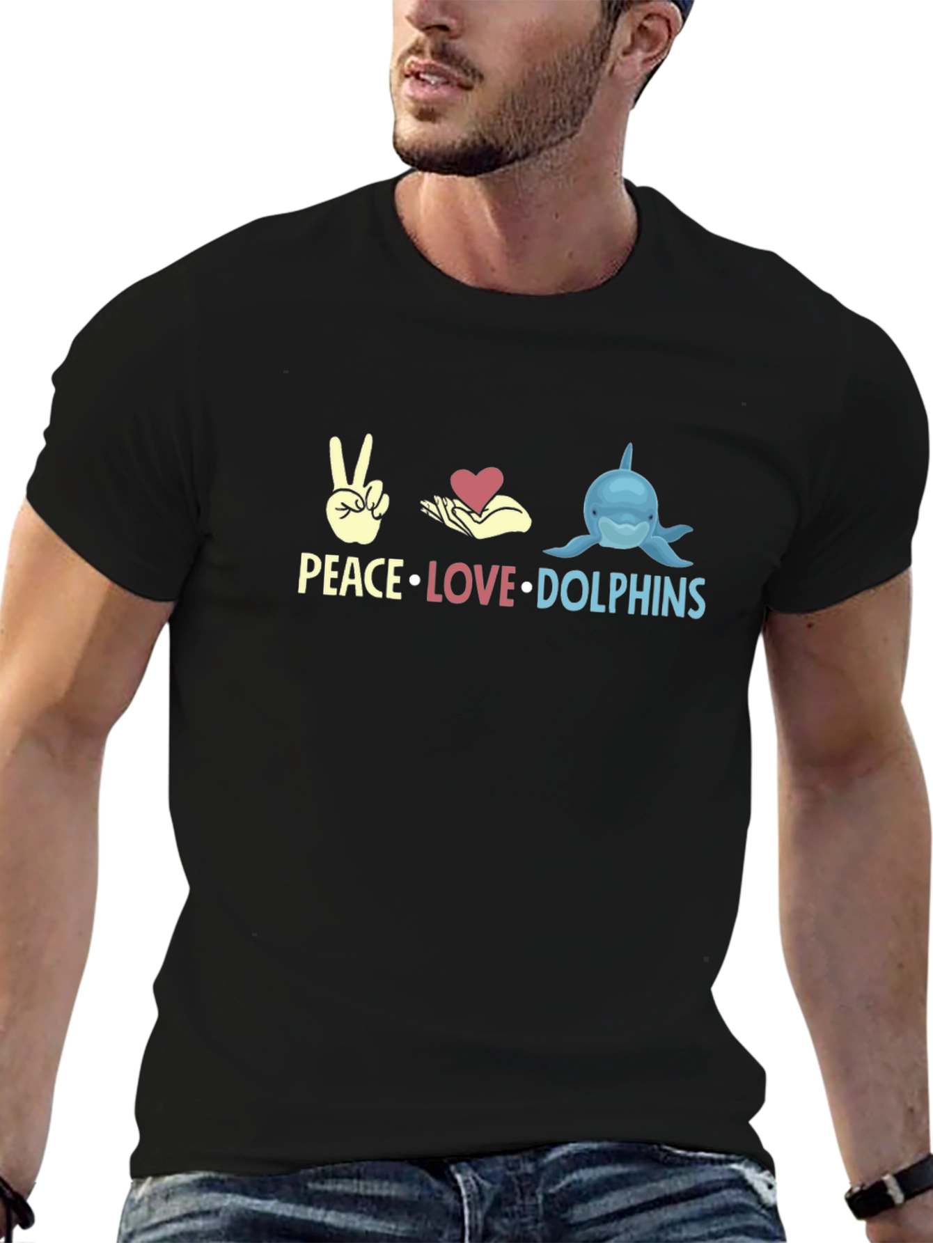 Peace Love Dolphins Black Graphic T-Shirt