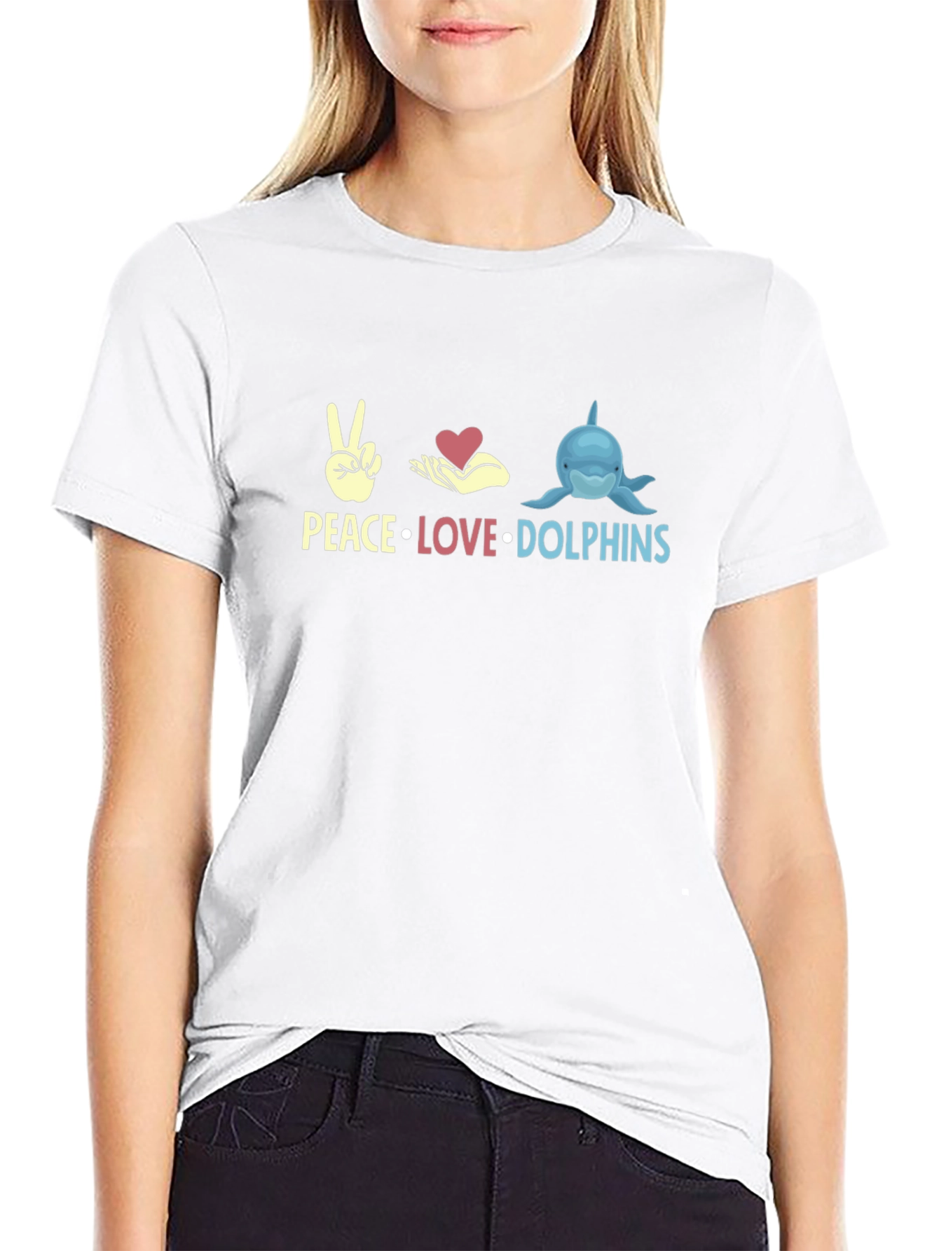 Peace Love Dolphins Black Graphic T-Shirt
