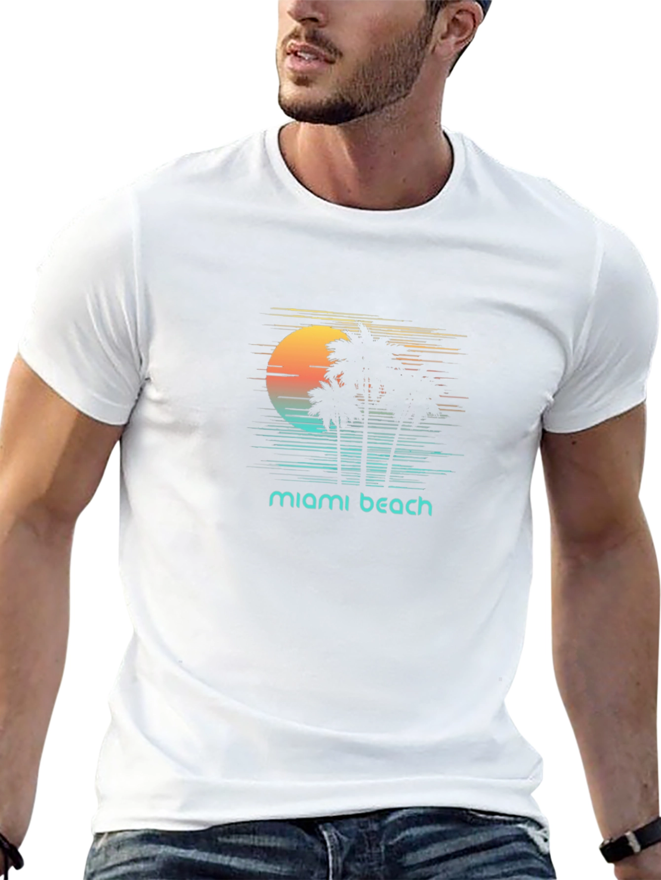 Miami Beach Sunset T-Shirt - Retro Palm Tree Design