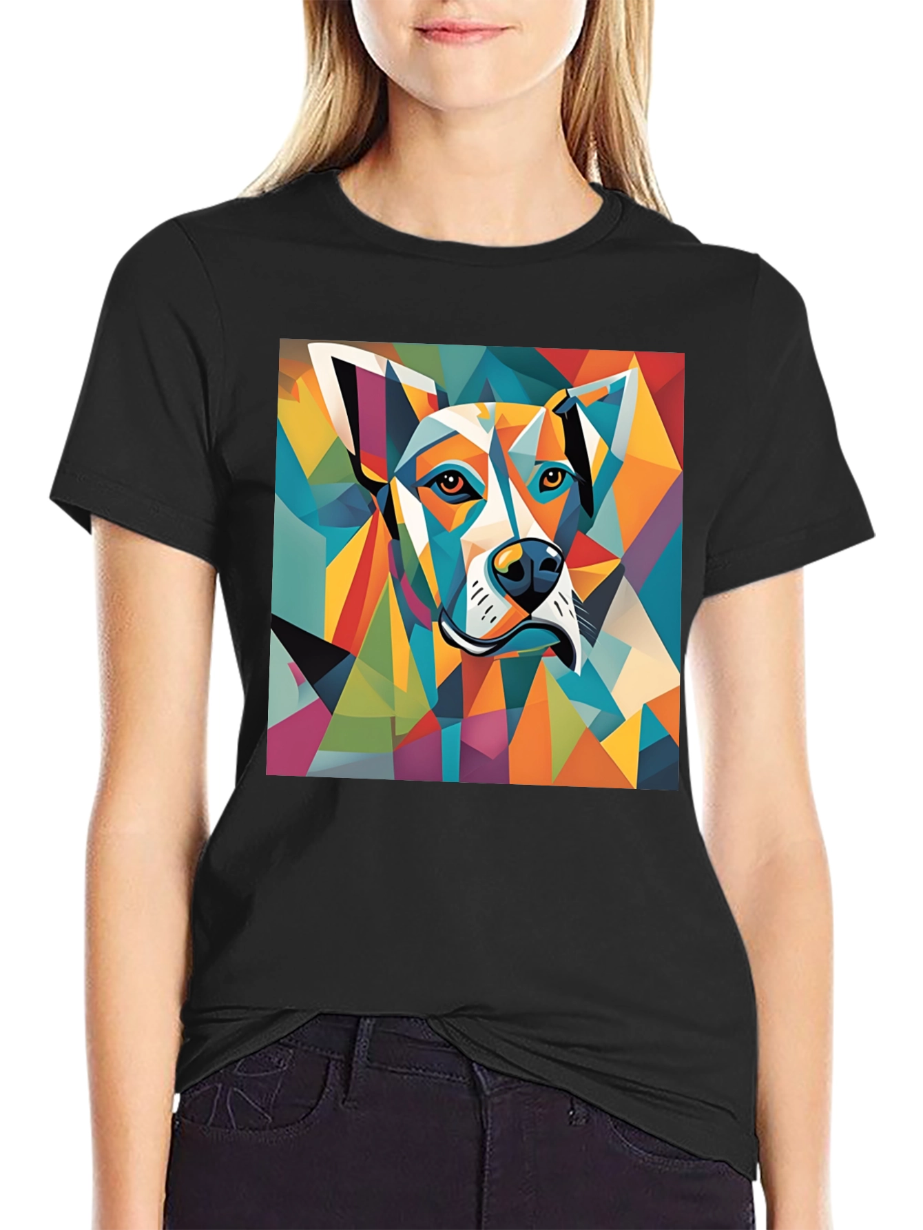 Geometric Dog Graphic Tee - Modern Art Style Shirt