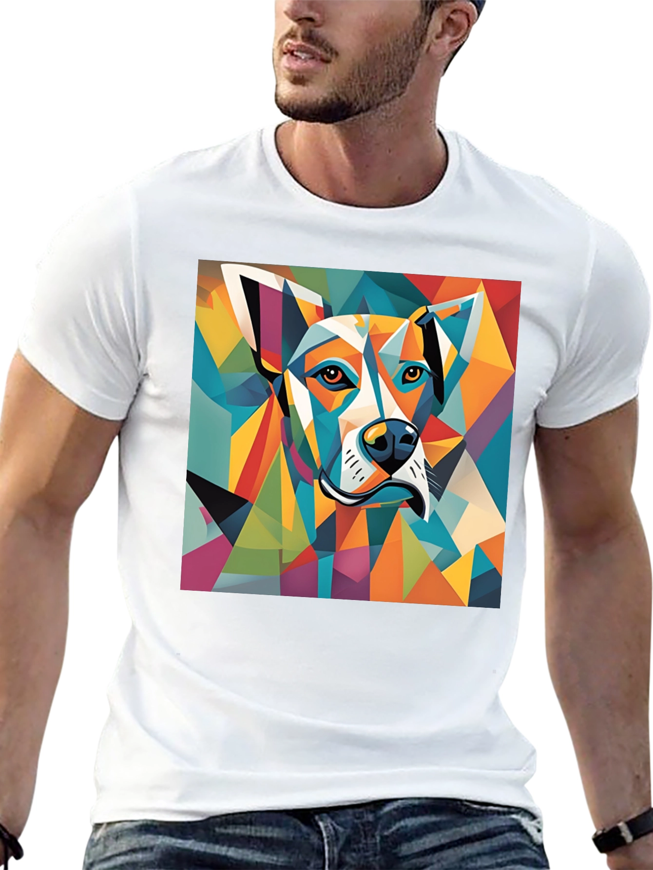 Geometric Dog Graphic Tee - Modern Art Style Shirt