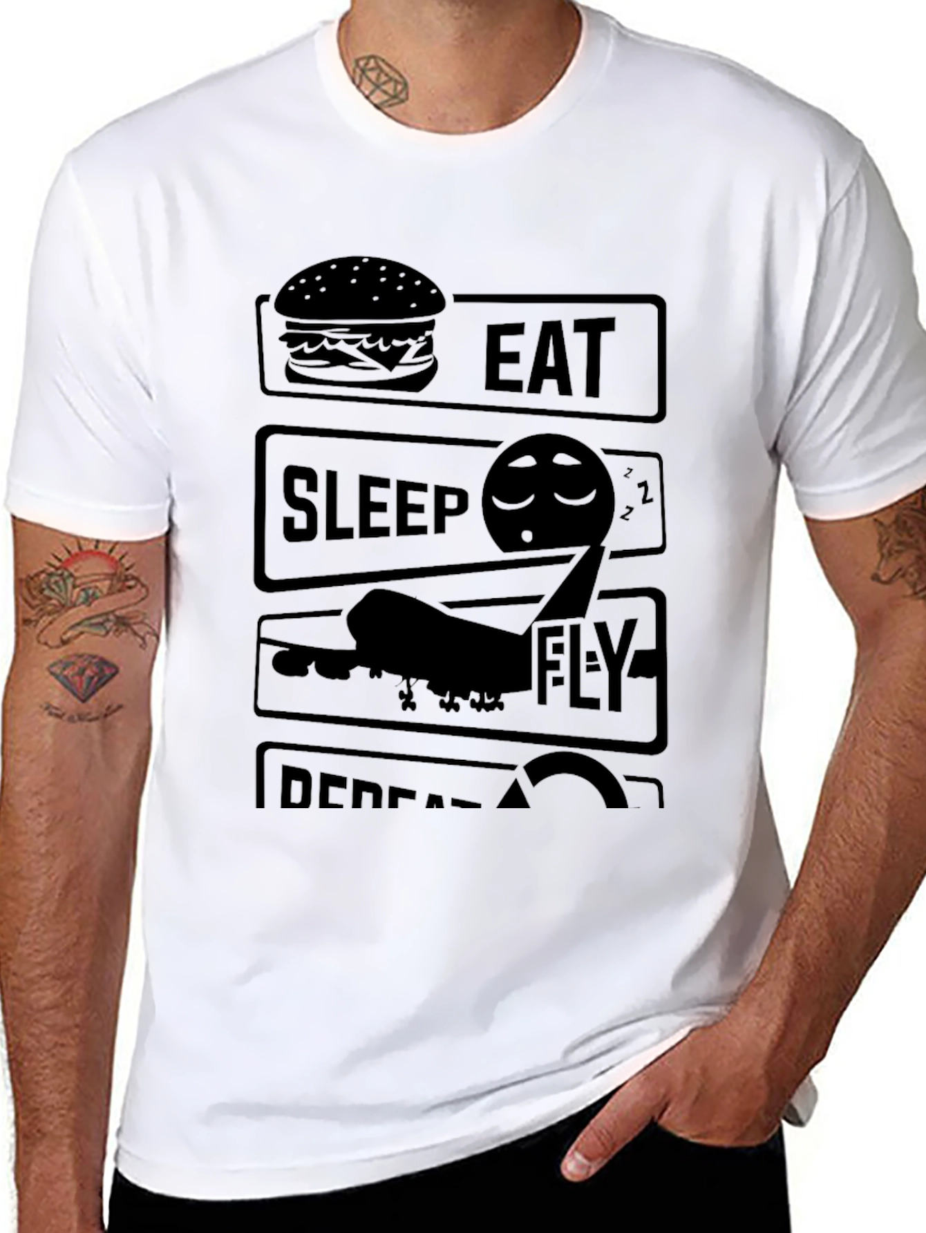 Eat Sleep Fly Repeat Graphic T-Shirt - Black