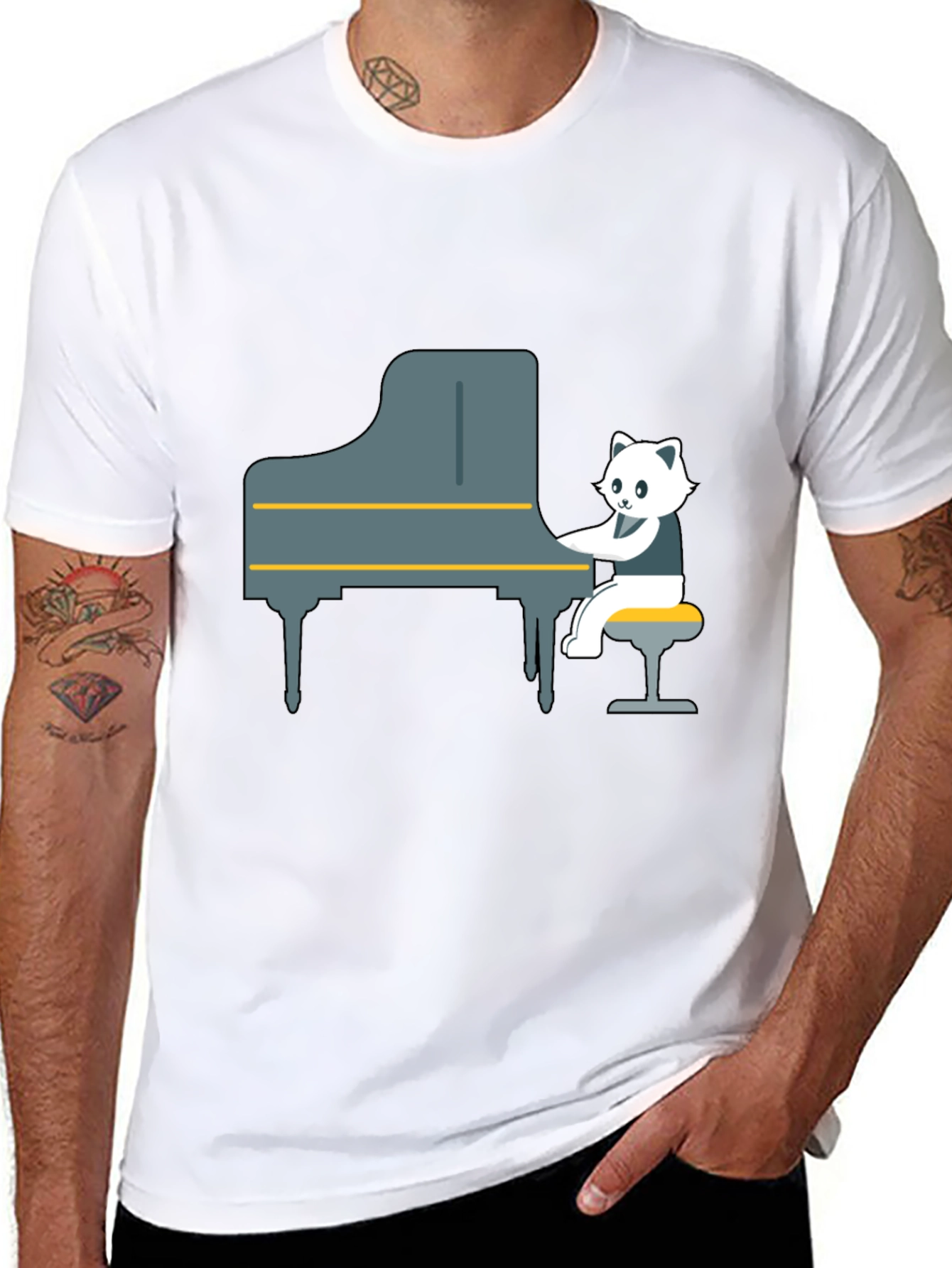 Cat Playing Piano Graphic Tee - Unique Design
