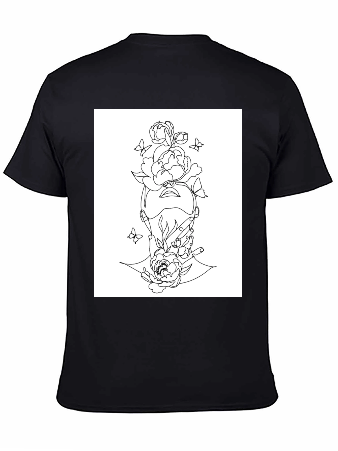 Floral Line Art Graphic Black T-Shirt