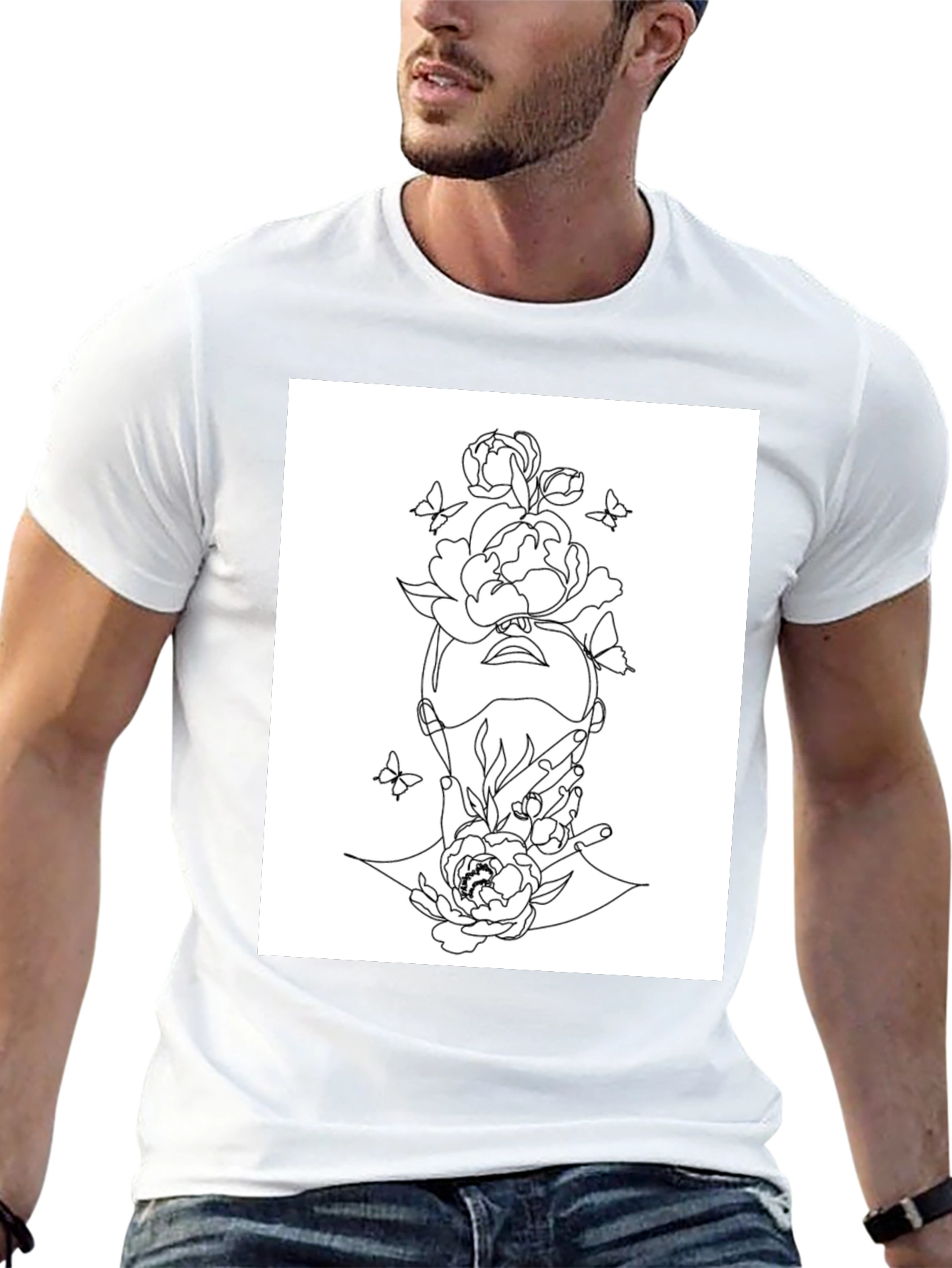 Floral Line Art Graphic Black T-Shirt