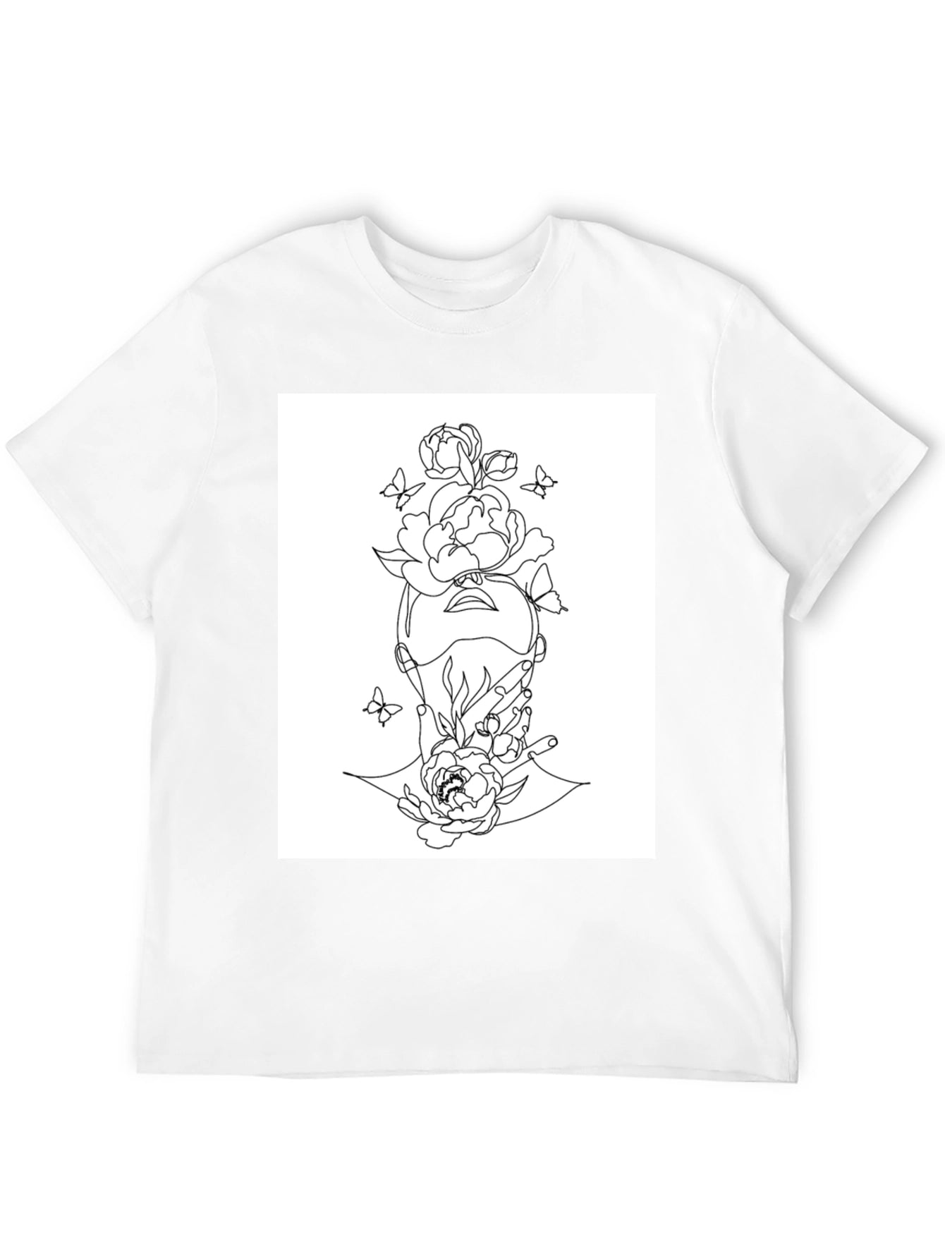 Floral Line Art Graphic Black T-Shirt