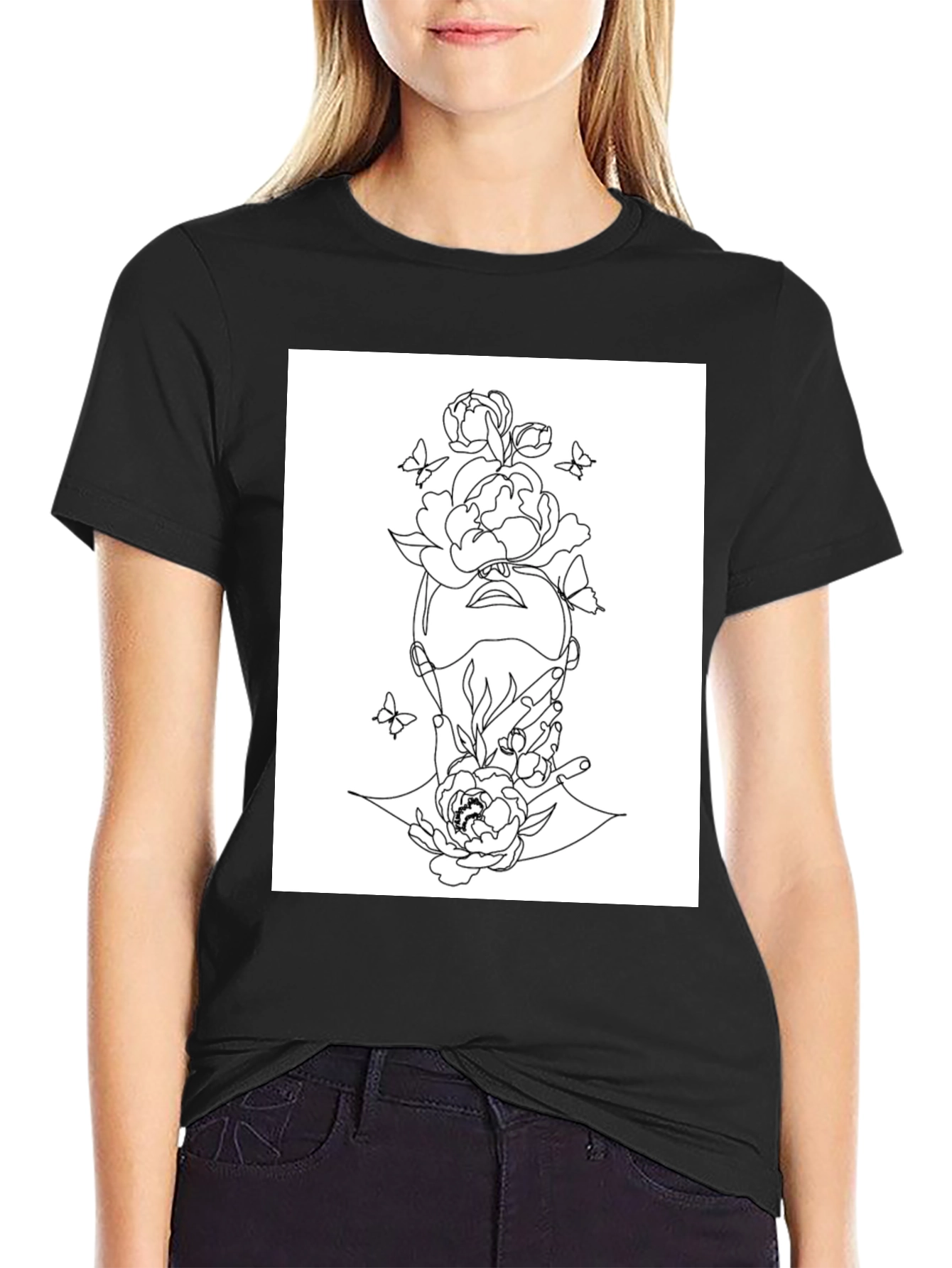 Floral Line Art Graphic Black T-Shirt