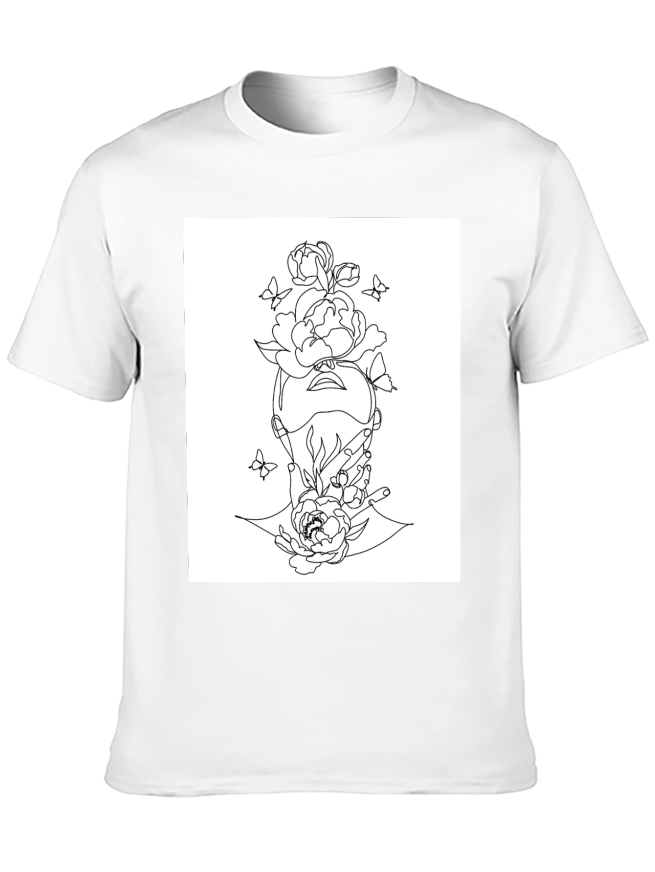 Floral Line Art Graphic Black T-Shirt