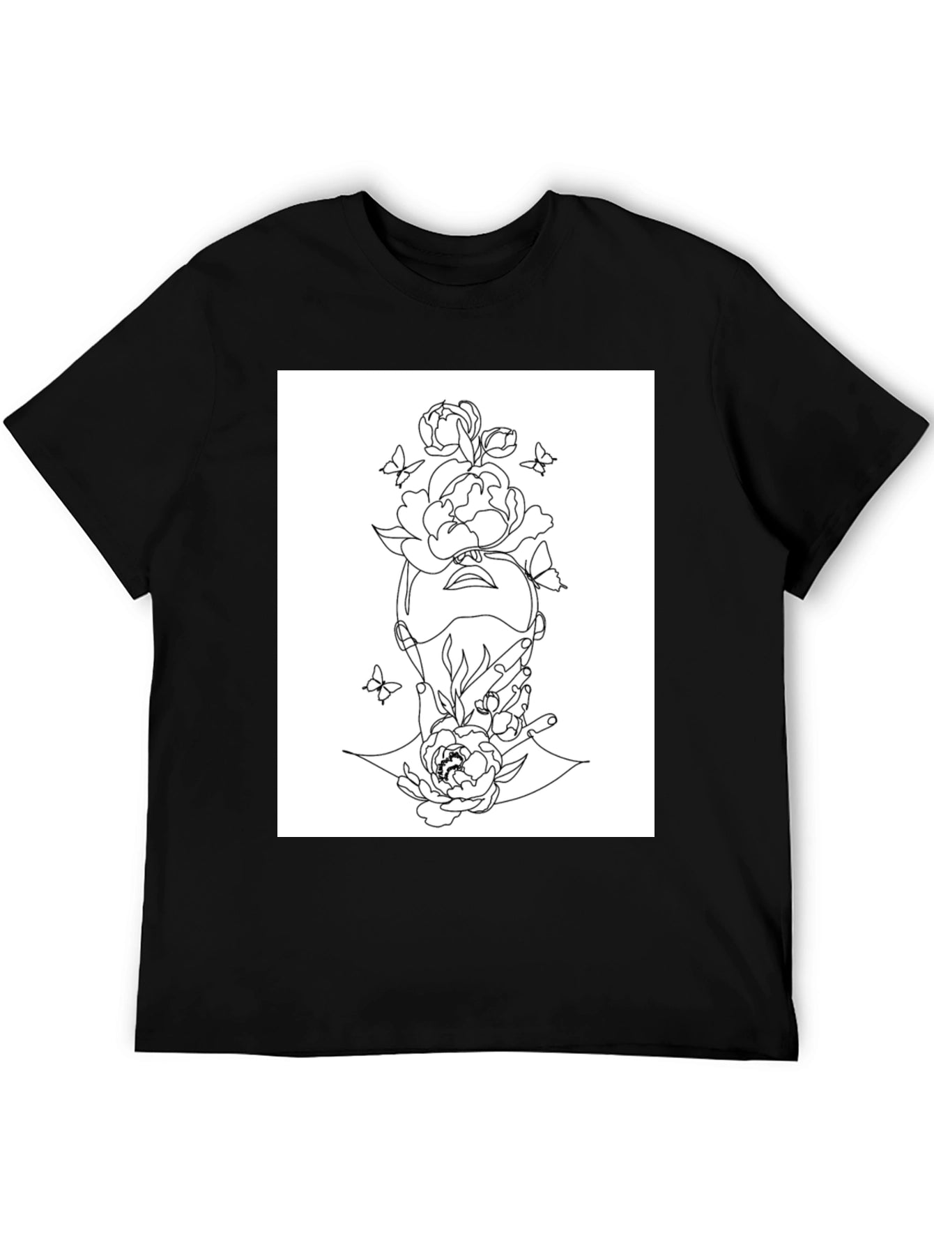 Floral Line Art Graphic Black T-Shirt
