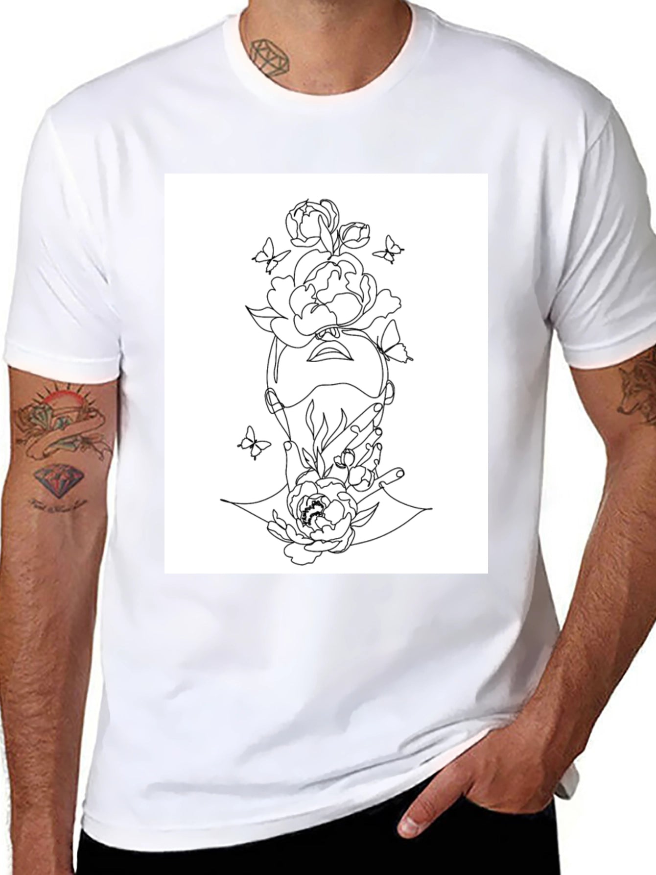 Floral Line Art Graphic Black T-Shirt