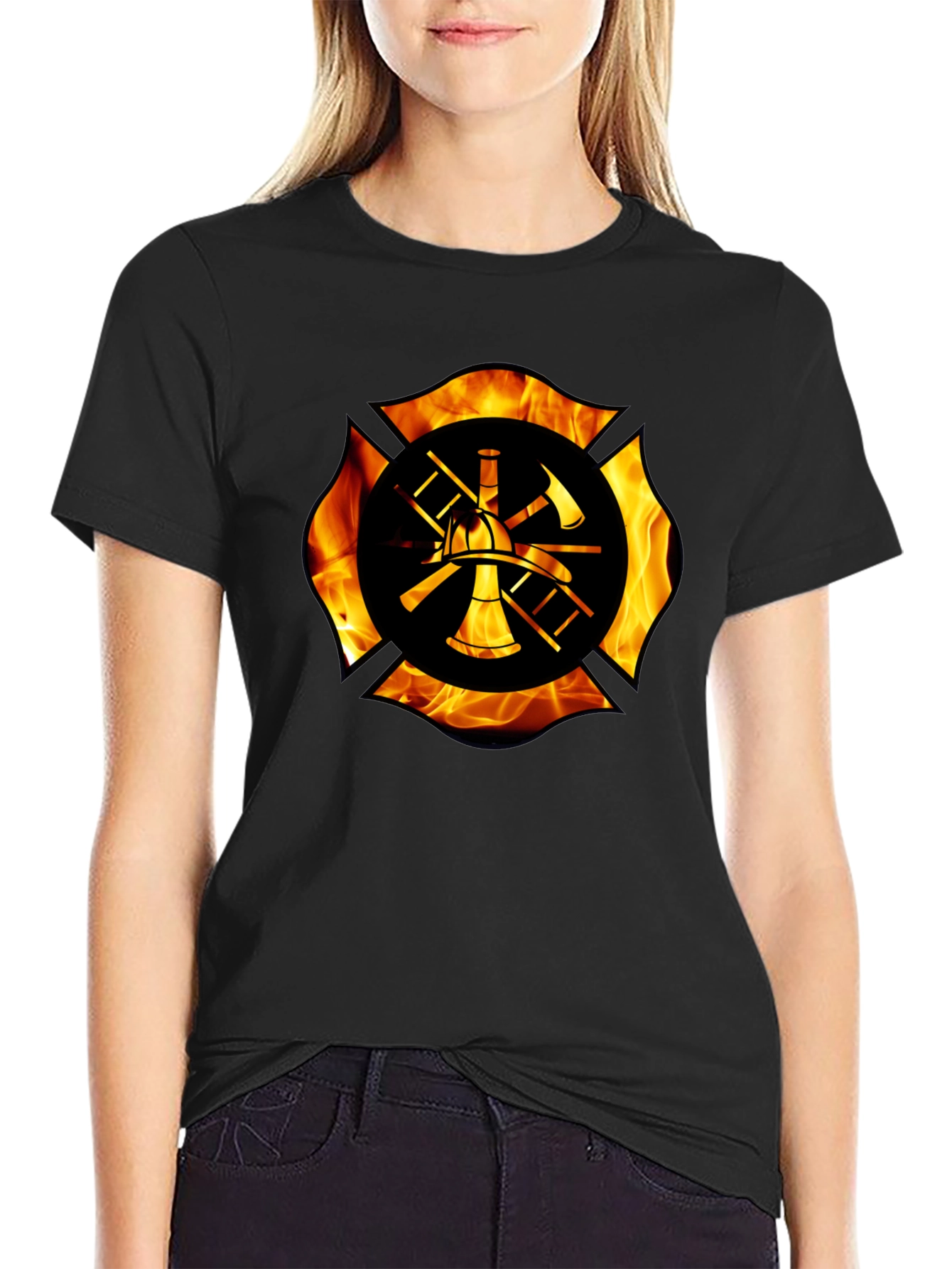 Firefighter Maltese Cross Flame Graphic T-Shirt