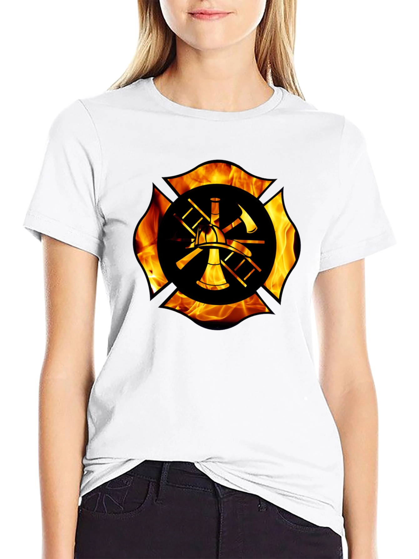 Firefighter Maltese Cross Flame Graphic T-Shirt