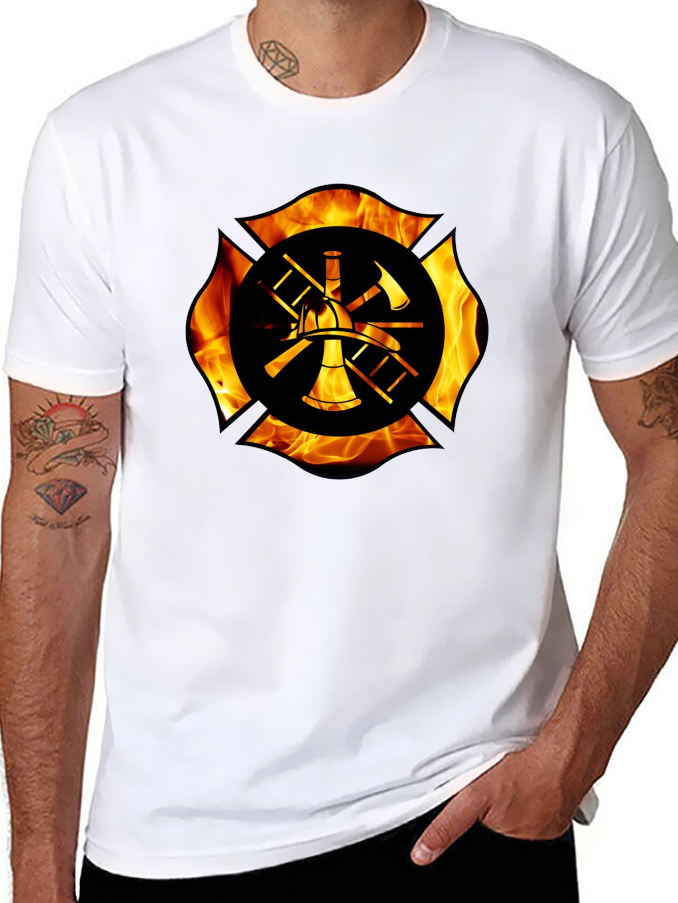 Firefighter Maltese Cross Flame Graphic T-Shirt