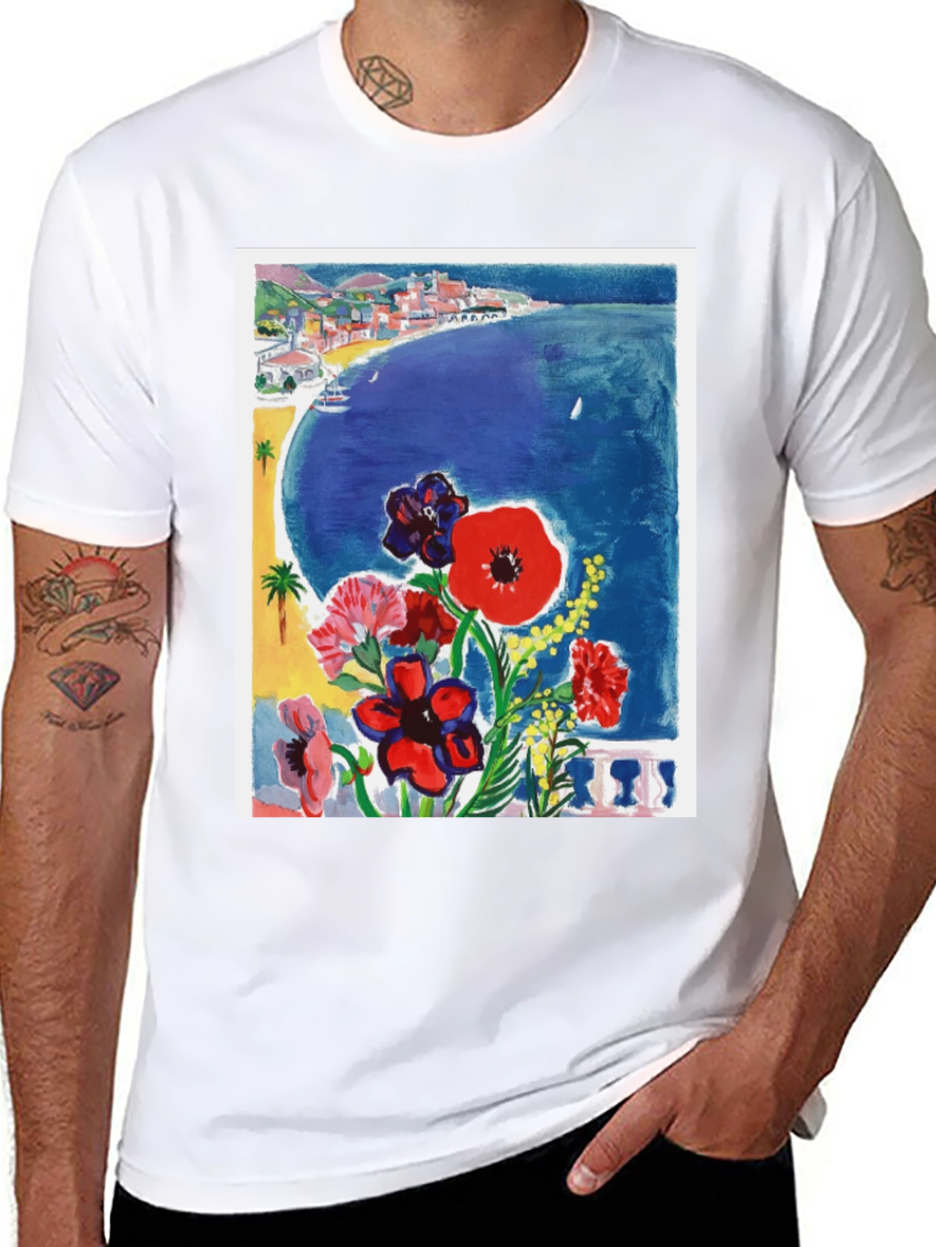 Floral Riviera T-Shirt: Artistic Coastal Design