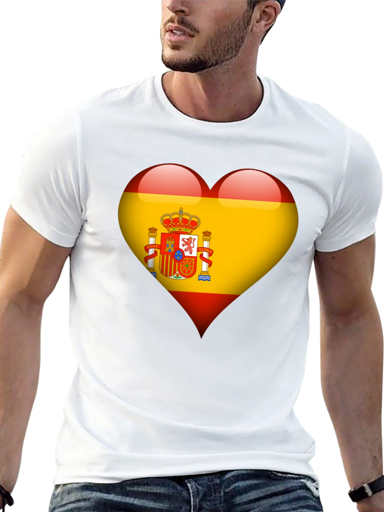 Spain Flag Heart Graphic Tee - Black Cotton T-Shirt