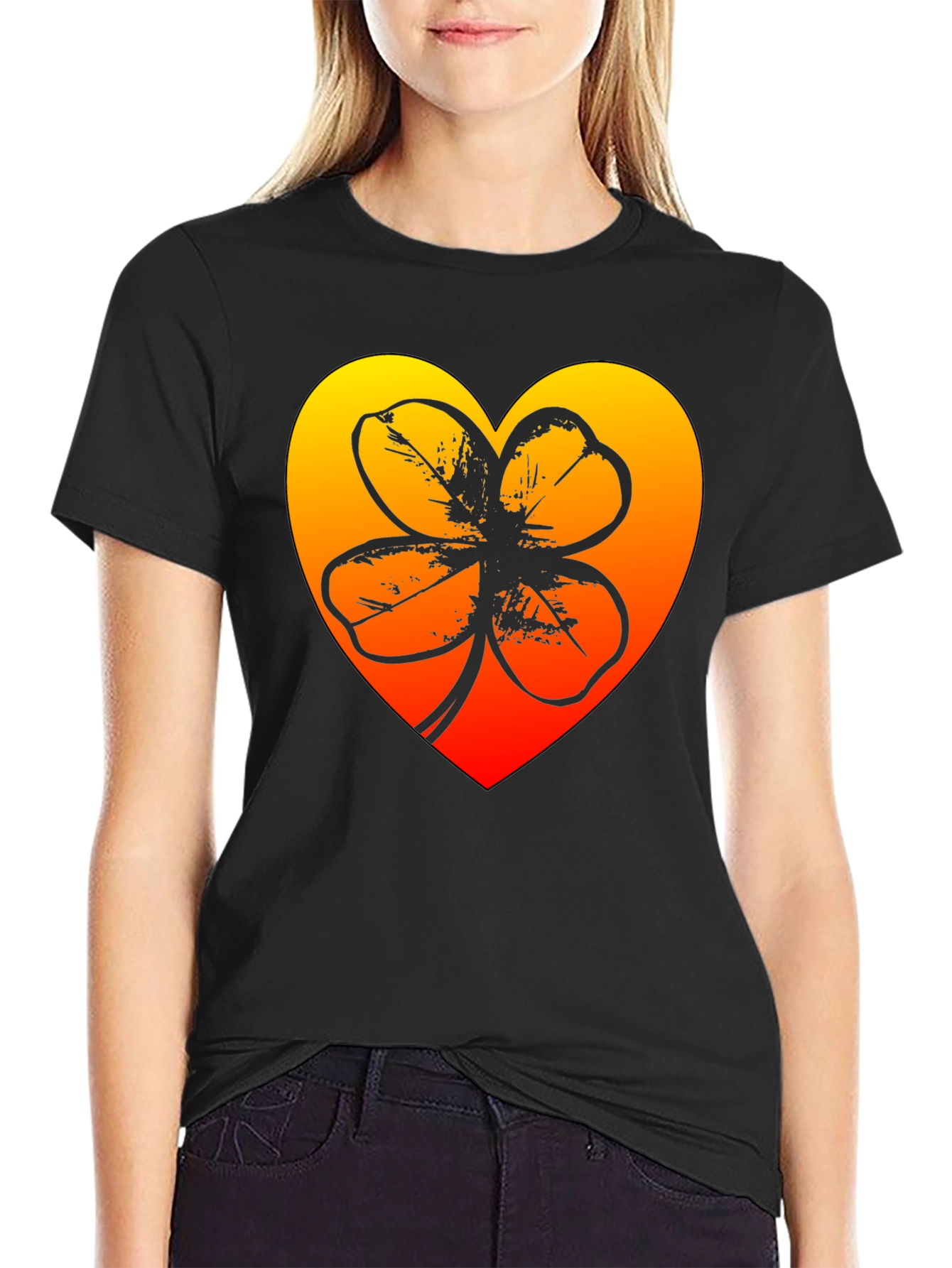 Lucky Heart Clover T-Shirt - Black