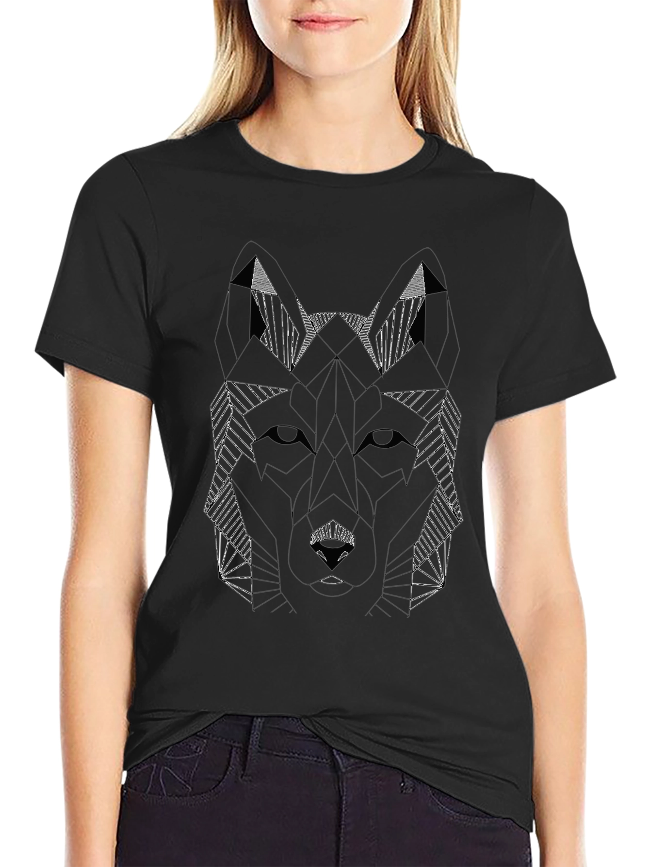 Geometric Wolf Graphic Tee - Stylish Black T-Shirt