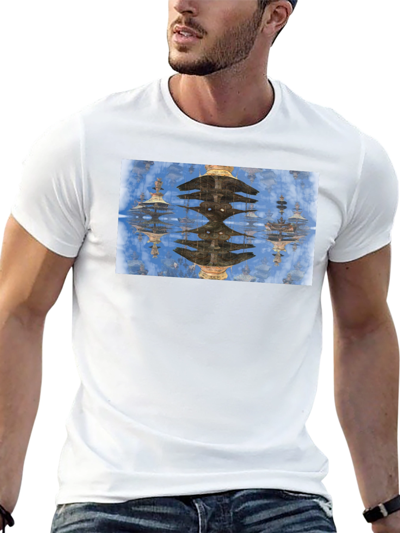 Reflective Pagoda Graphic Tee - Black Cotton Blend