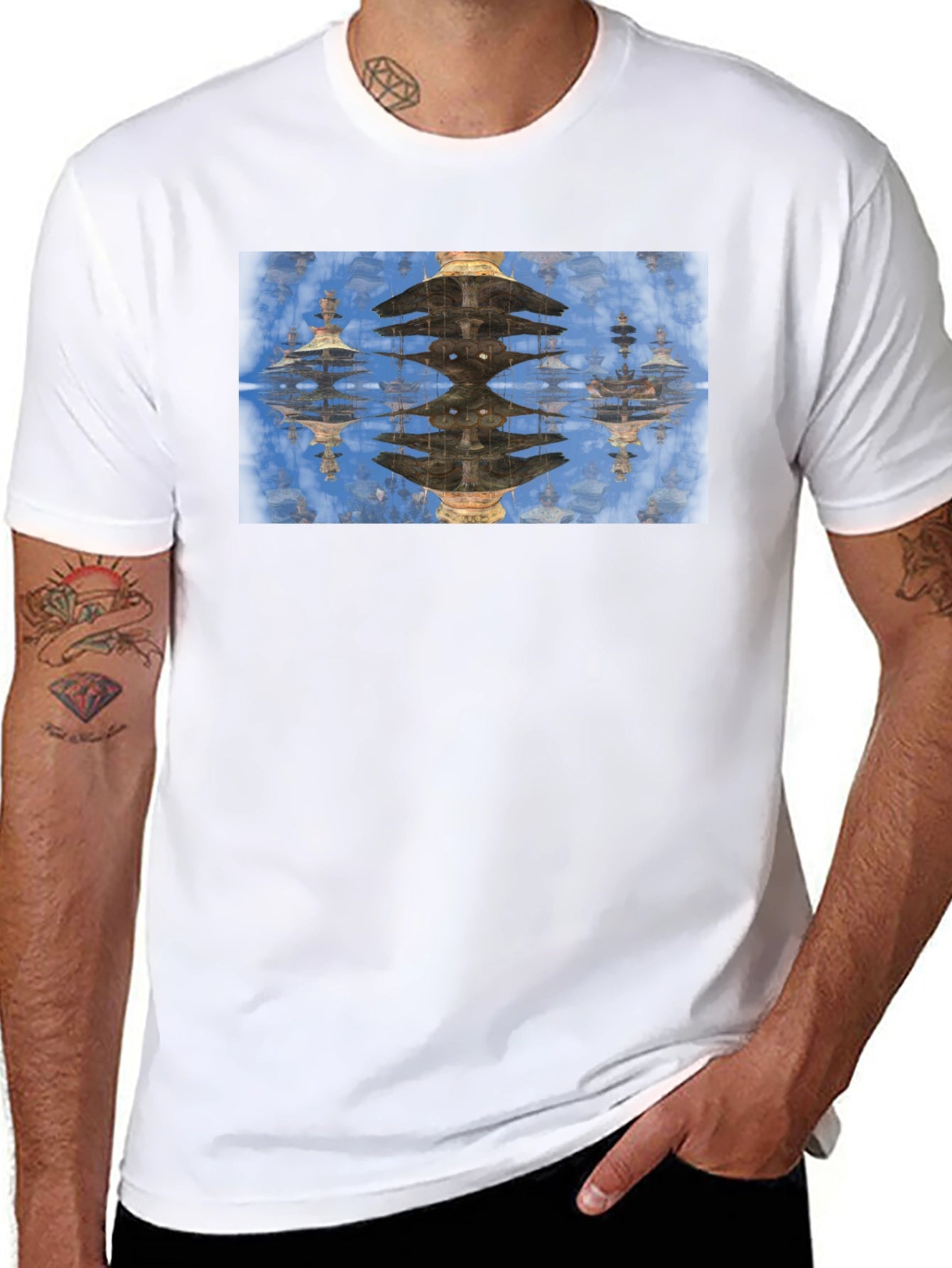 Reflective Pagoda Graphic Tee - Black Cotton Blend