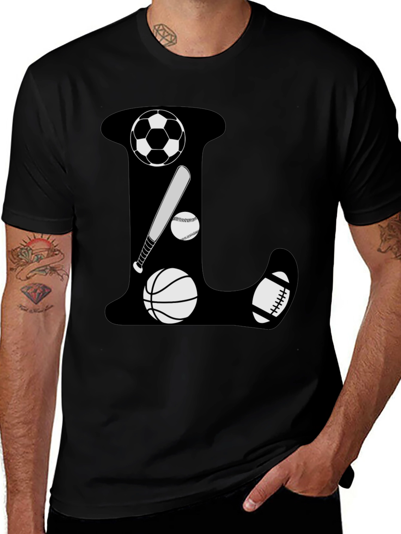Sports Theme Letter L Black T-Shirt