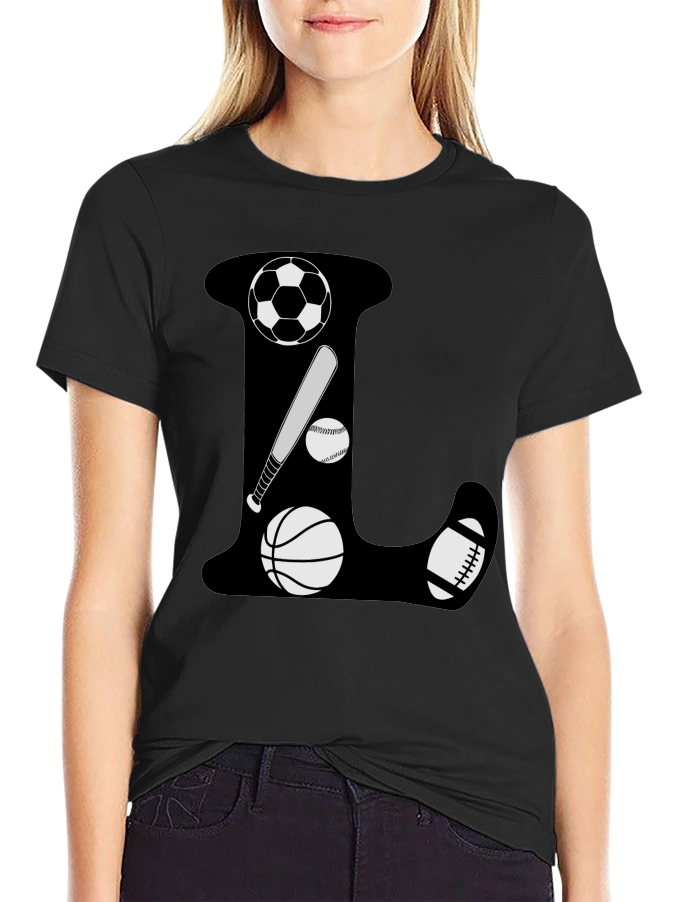 Sports Theme Letter L Black T-Shirt