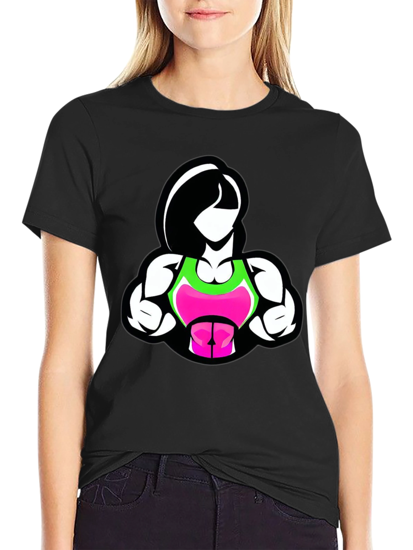 Fitness Woman Graphic Tee - Black Cotton Blend