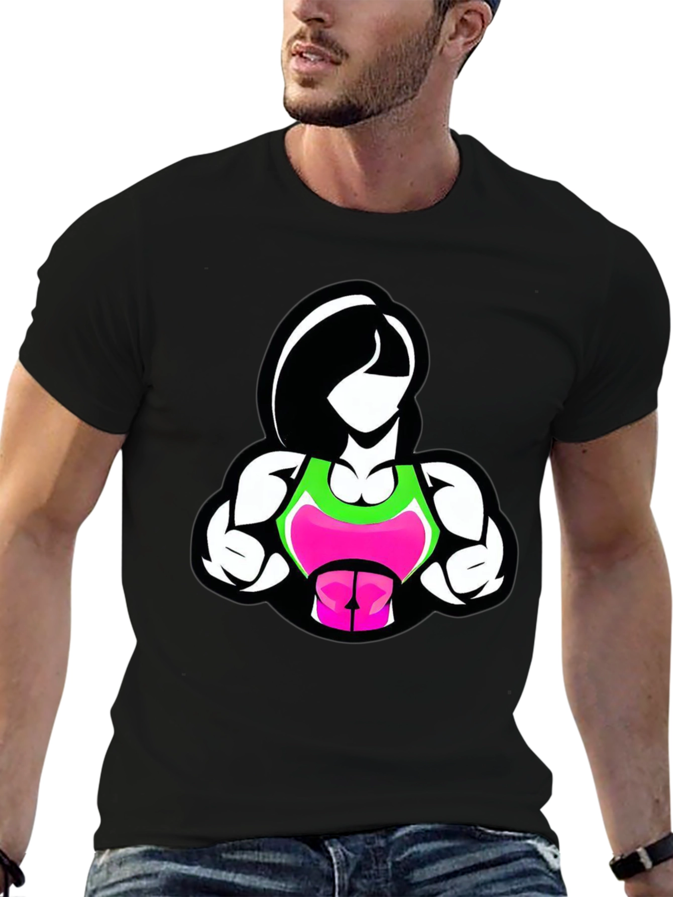 Fitness Woman Graphic Tee - Black Cotton Blend