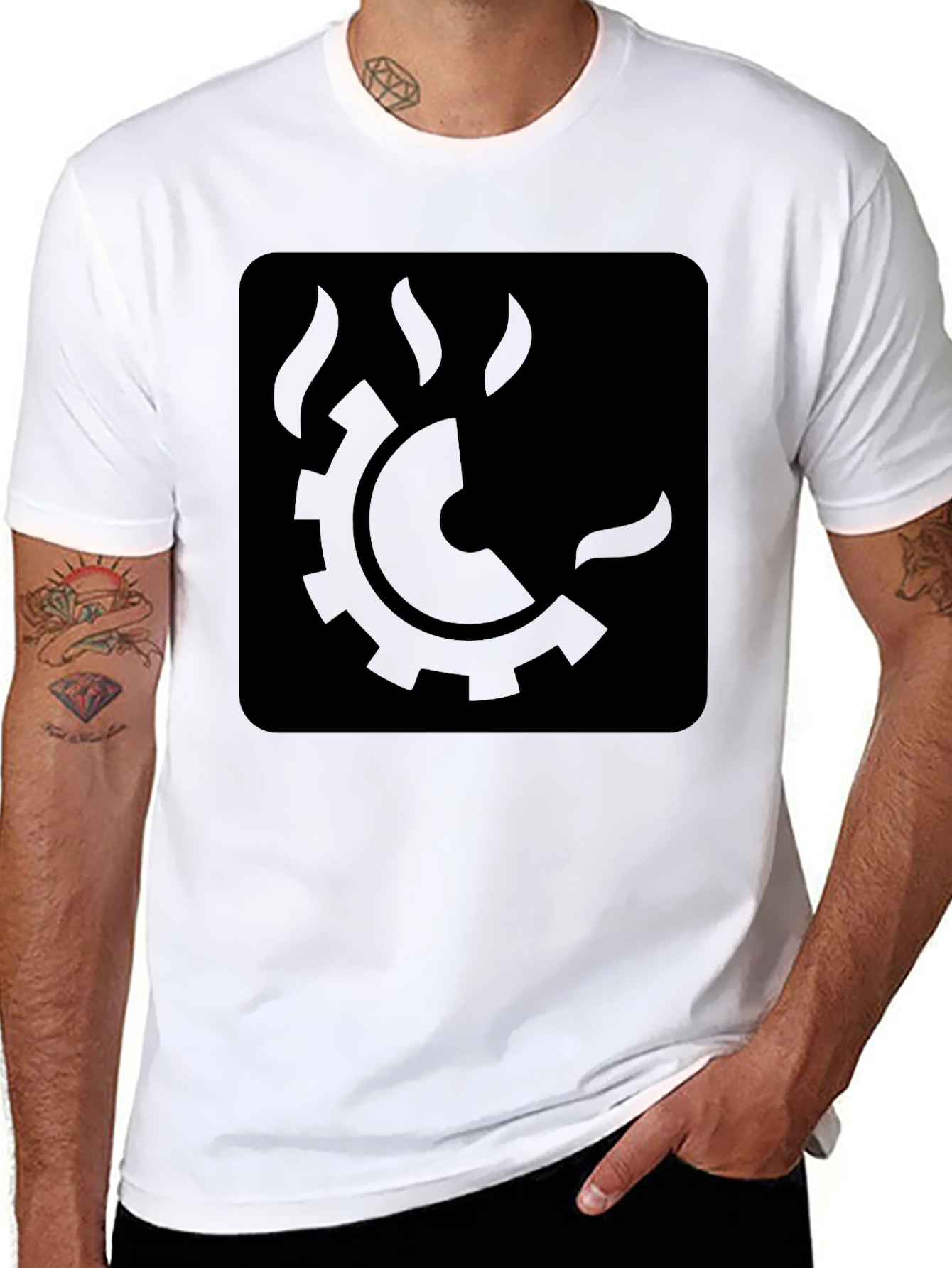 Black Steam Gear Graphic Tee - Modern Industrial Style